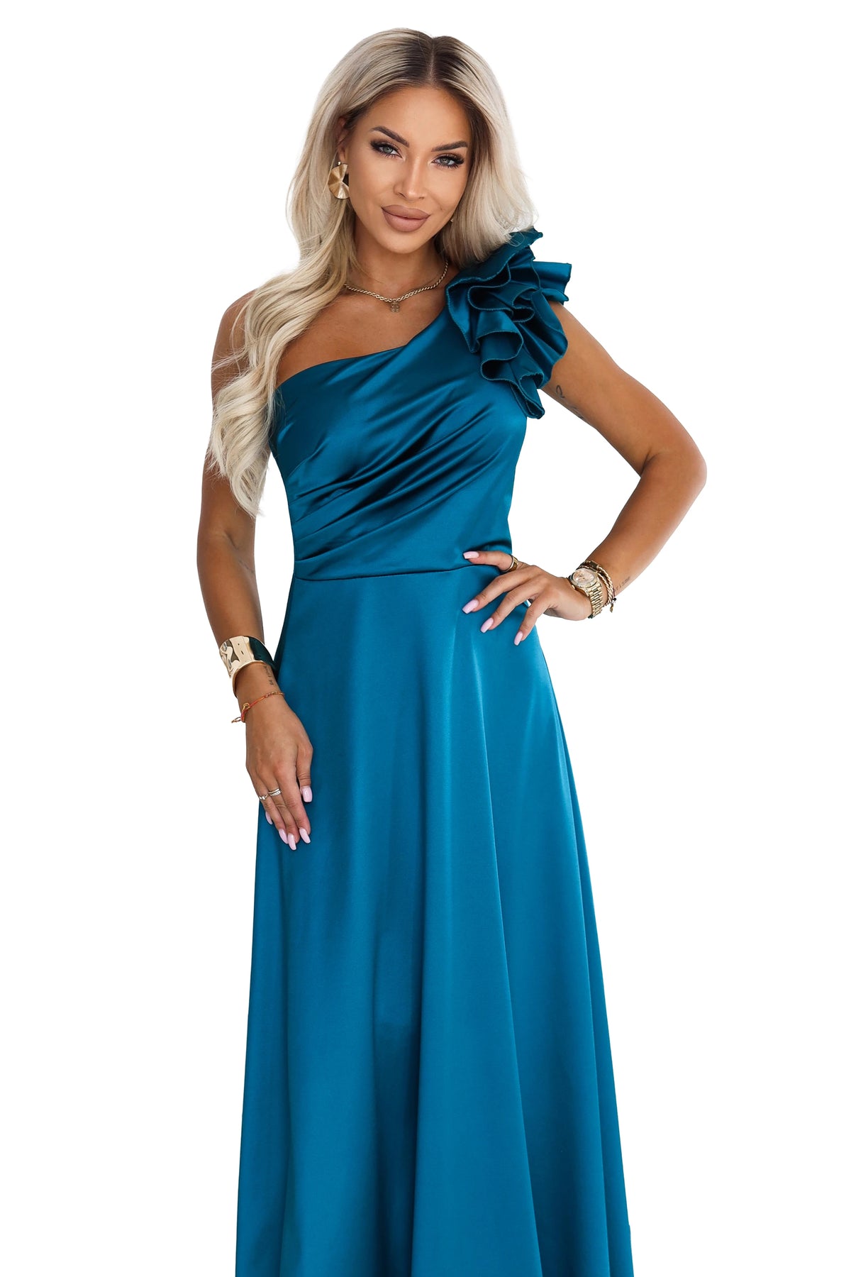 Satin one-shoulder maxi evening dress with a decorative ruffle – Sea Green
