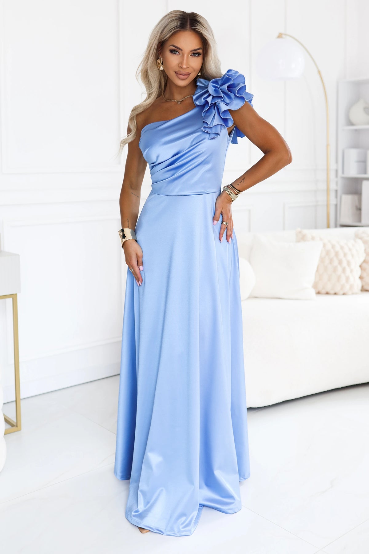 Satin one-shoulder maxi evening dress with a decorative ruffle – Light Blue