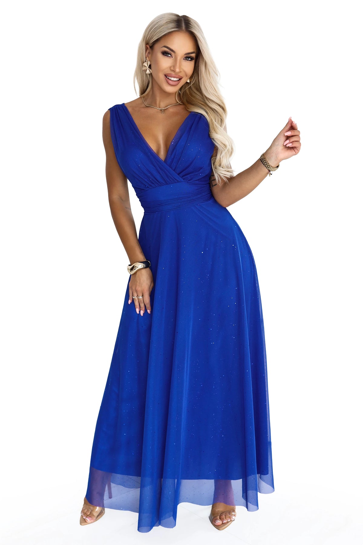 MIRELLA Long evening dress with glitter tulle and V neckline – Cornflower Blue