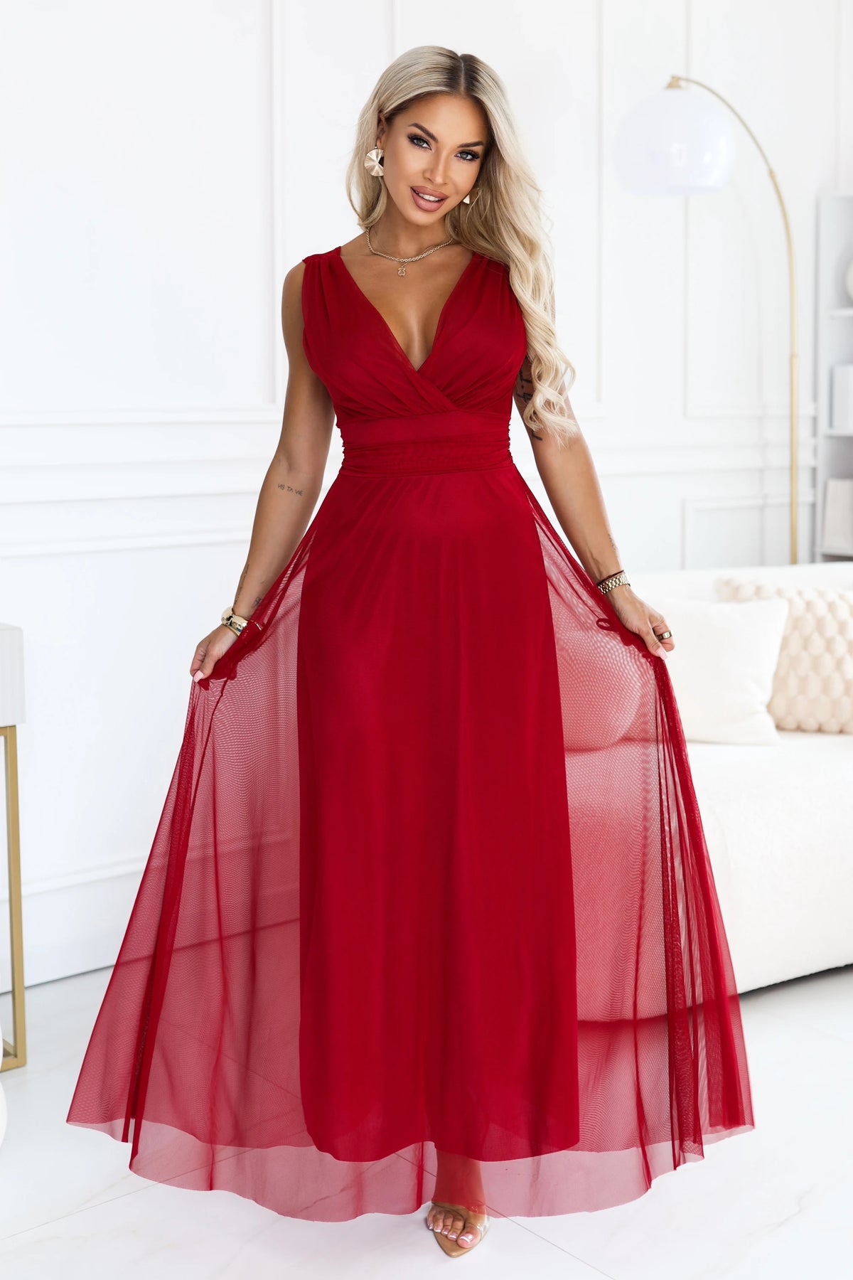 Elegant maxi dress with a wrap neckline and open back – Light Burgundy
