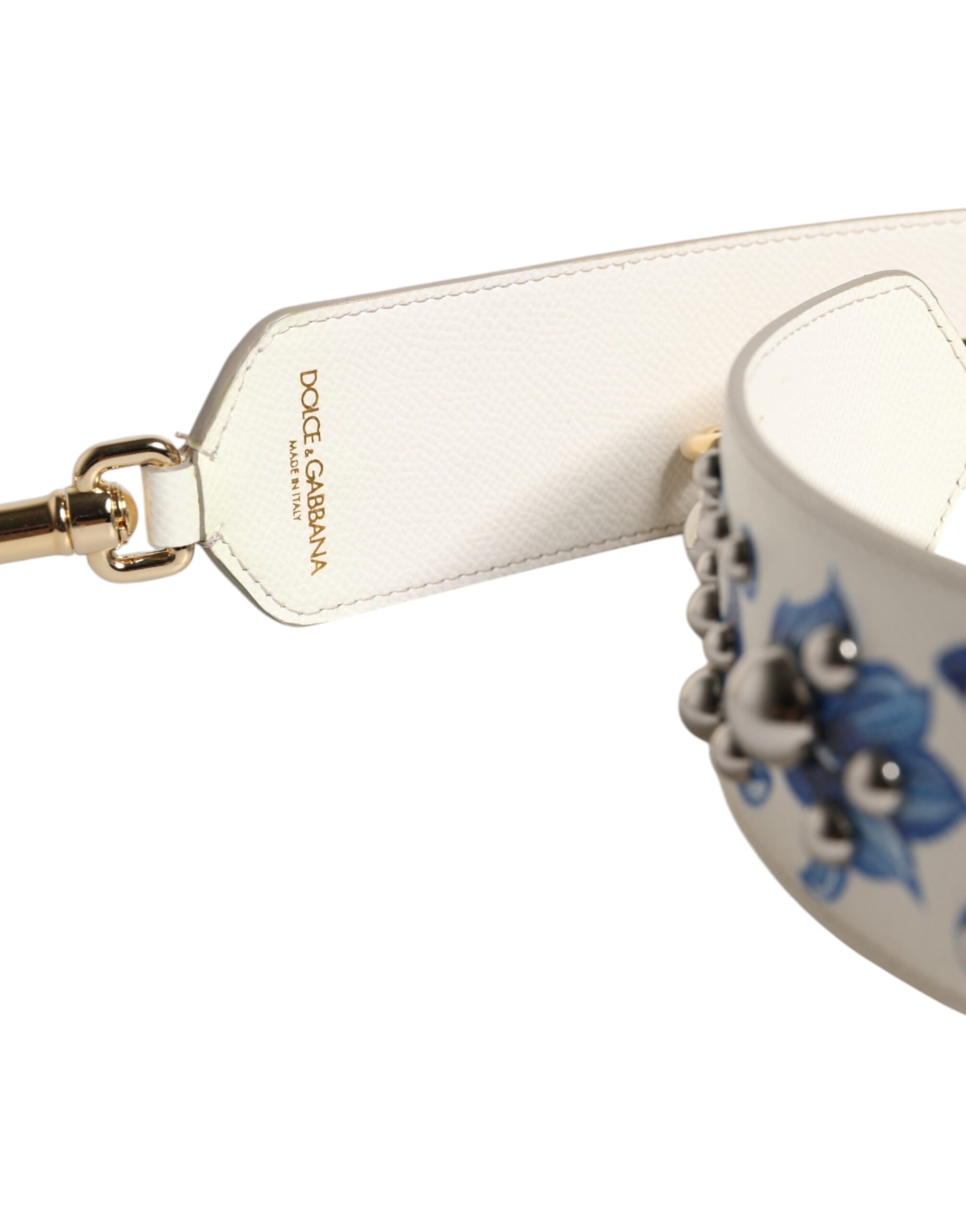 White Blue Floral Leather Stud Shoulder Strap