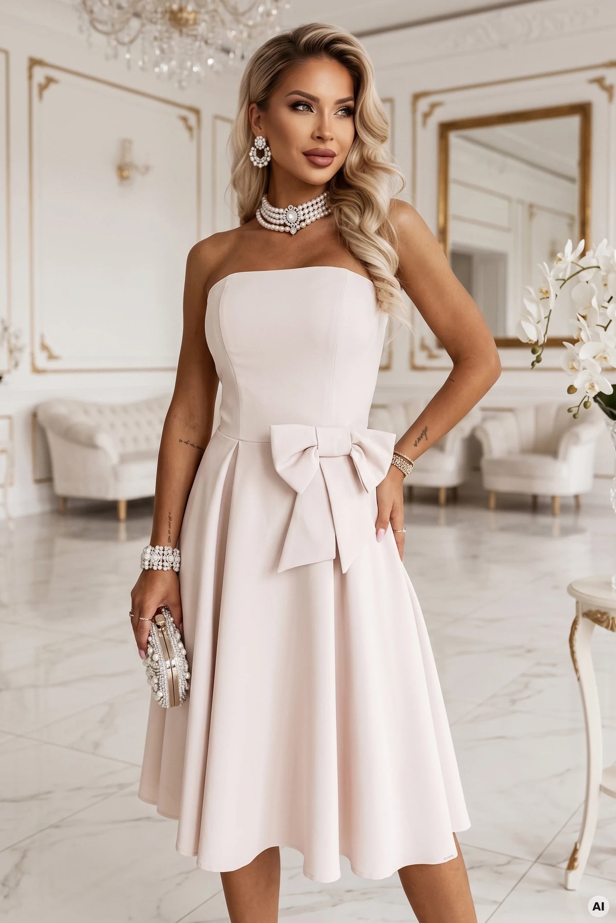 NAYA Strapless Corset Midi Dress with Bow – Light Beige