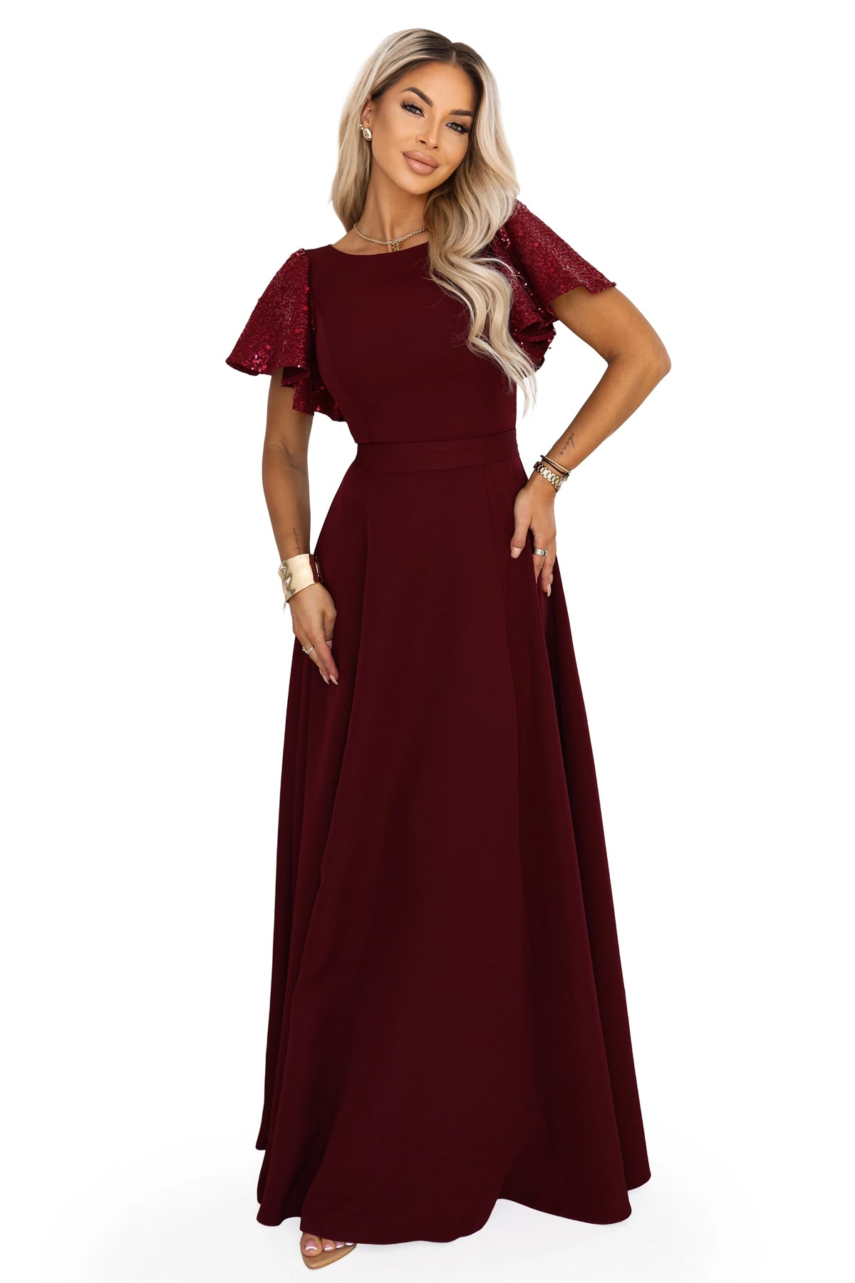 MIRELLA Elegant flared maxi dress with sequin sleeves – Burgundy