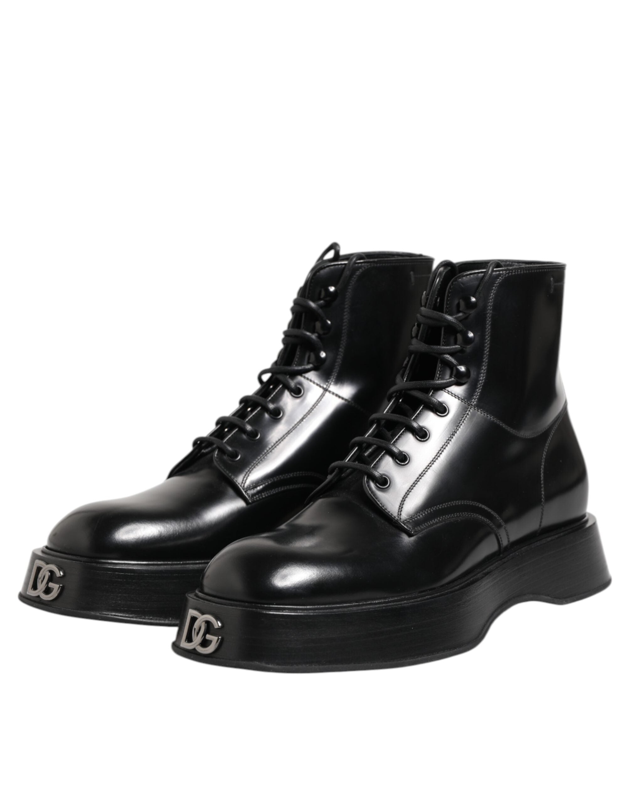 Black Leather Logo Ankle Boots Lace Up Shoes