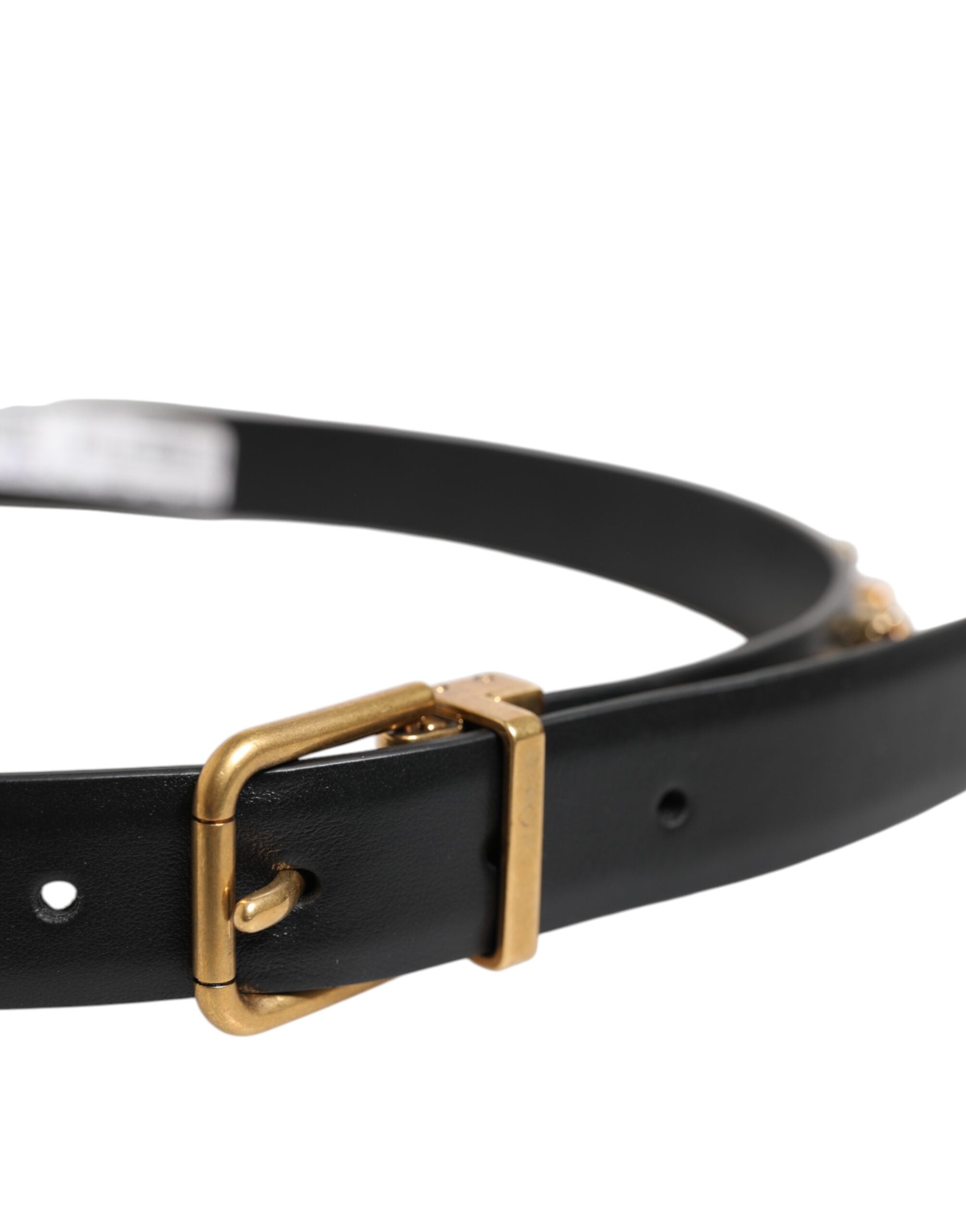 Black Leather Studded Gold Tone Buckle Belt