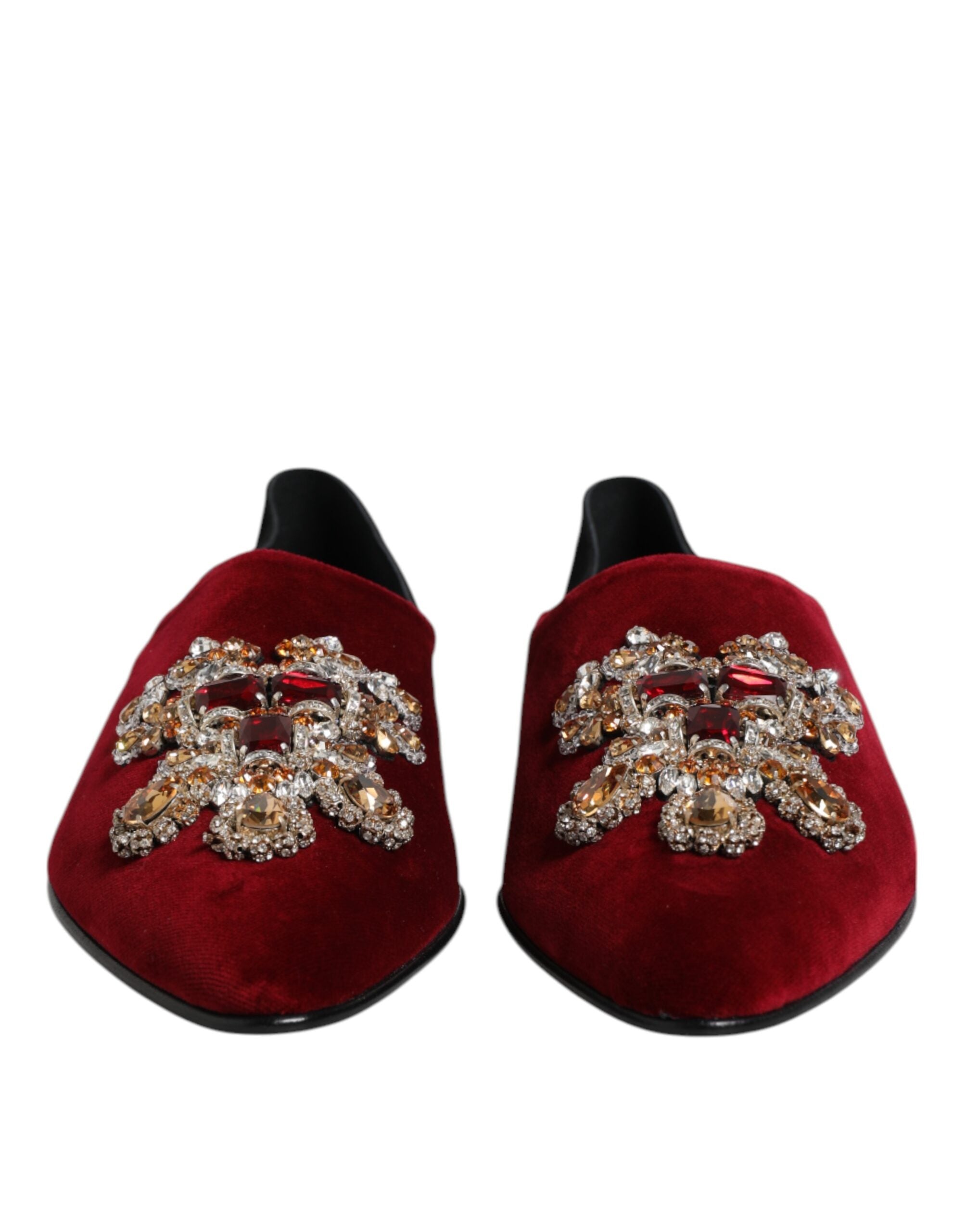 Black Red Velvet Embellished Slip On Shoes