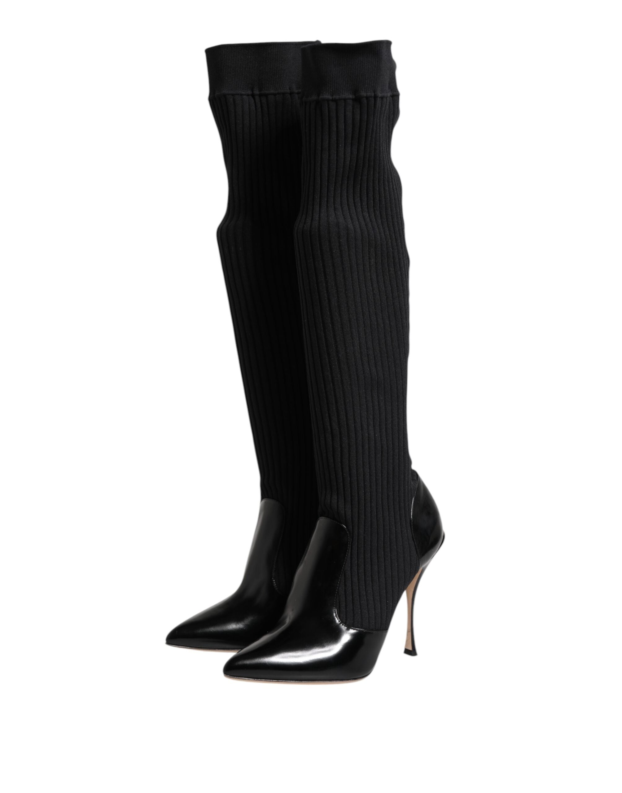 Black Leather Ribbed Knit Knee Boots Shoes