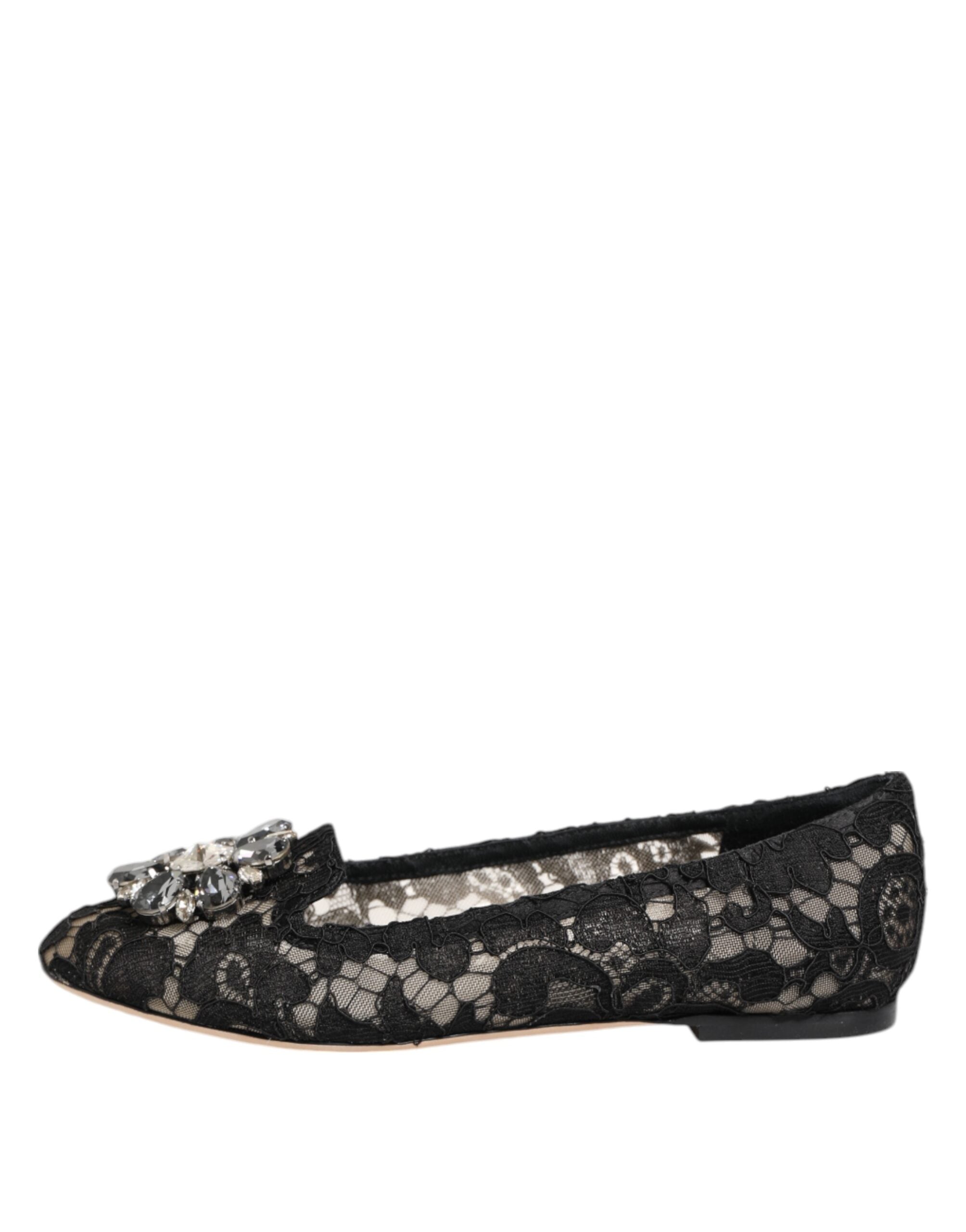 Black Taormina Lace Crystals Flats Shoes