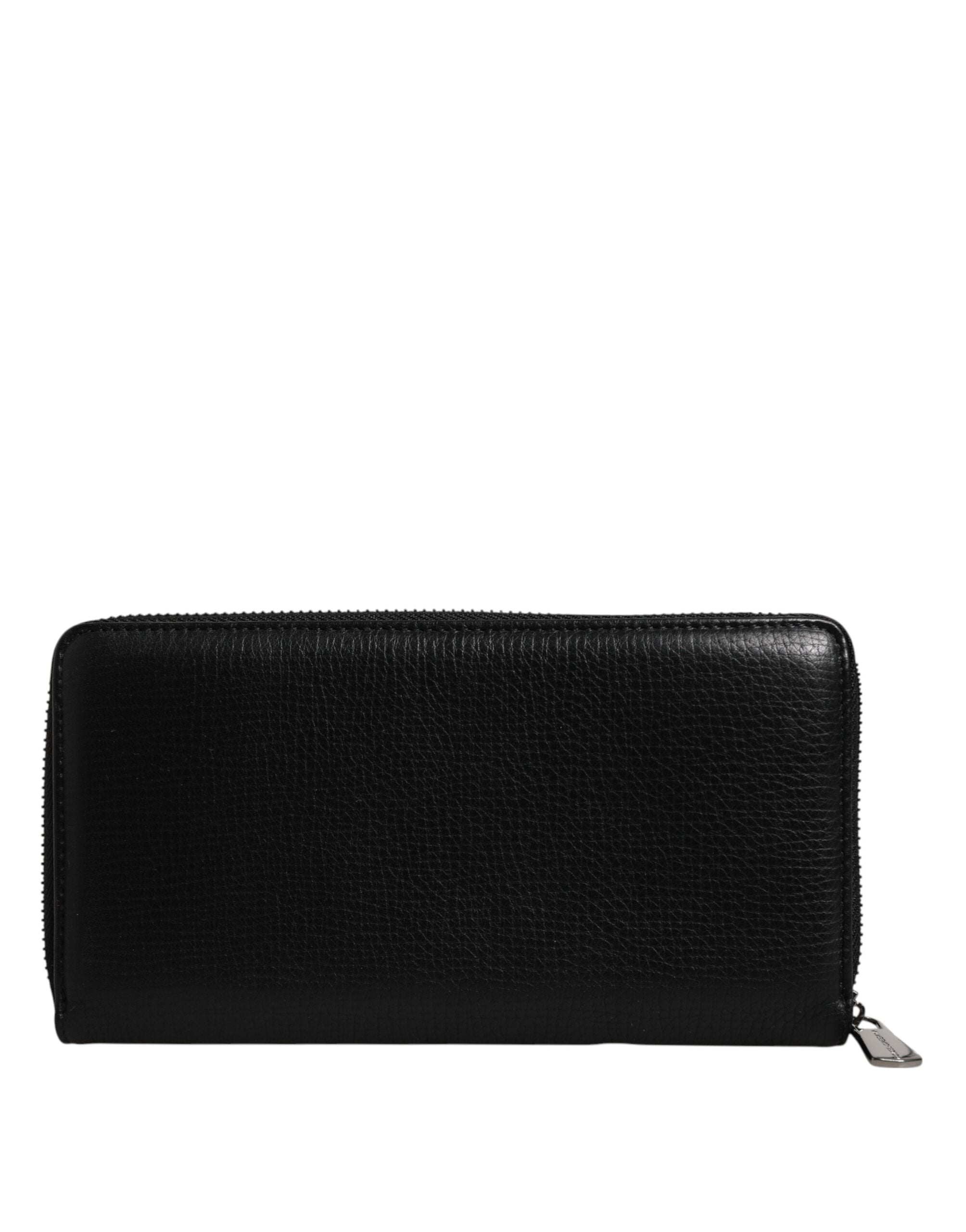 Black Calfskin Leather Logo Zip Around Continental Wallet