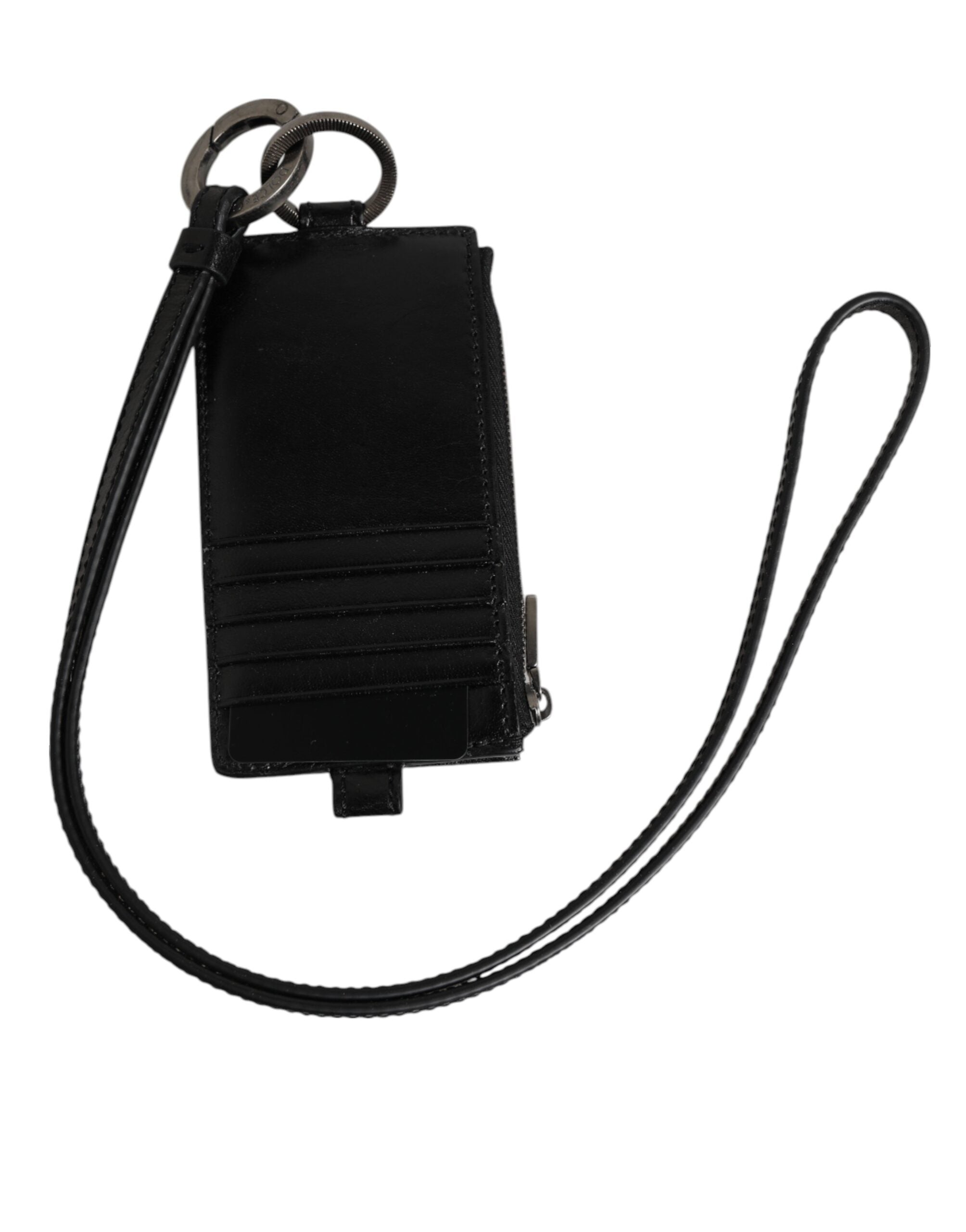 Černá kožená peněženka s reliéfním logem a šňůrkou na karty