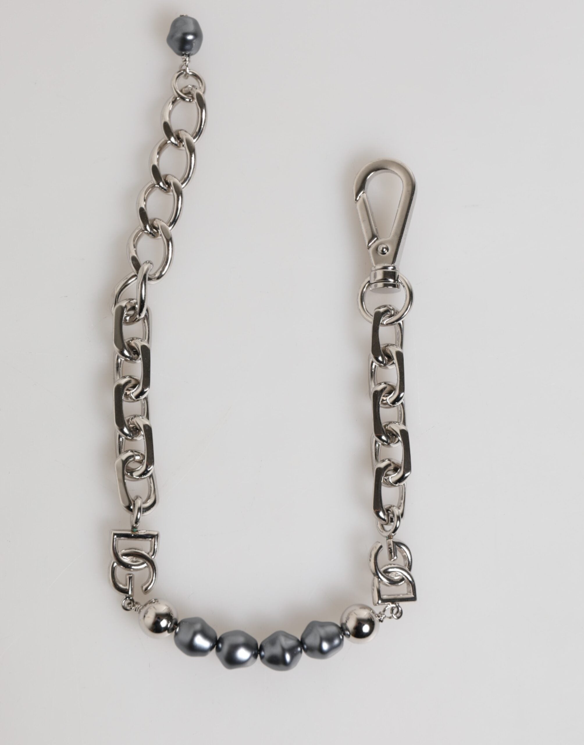 Silver Tone Chain Lobster Clasp Logo Gray Pearls Bracelet