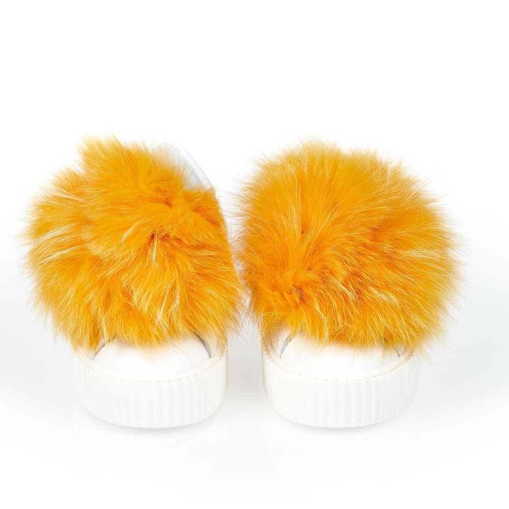 White Textile Women Sneaker with Fur Pom Poms