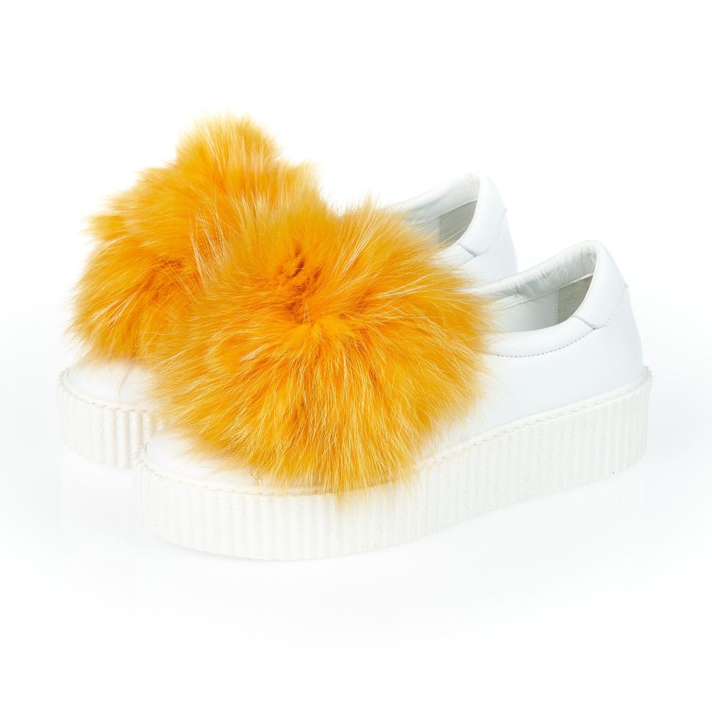 White Textile Women Sneaker with Fur Pom Poms