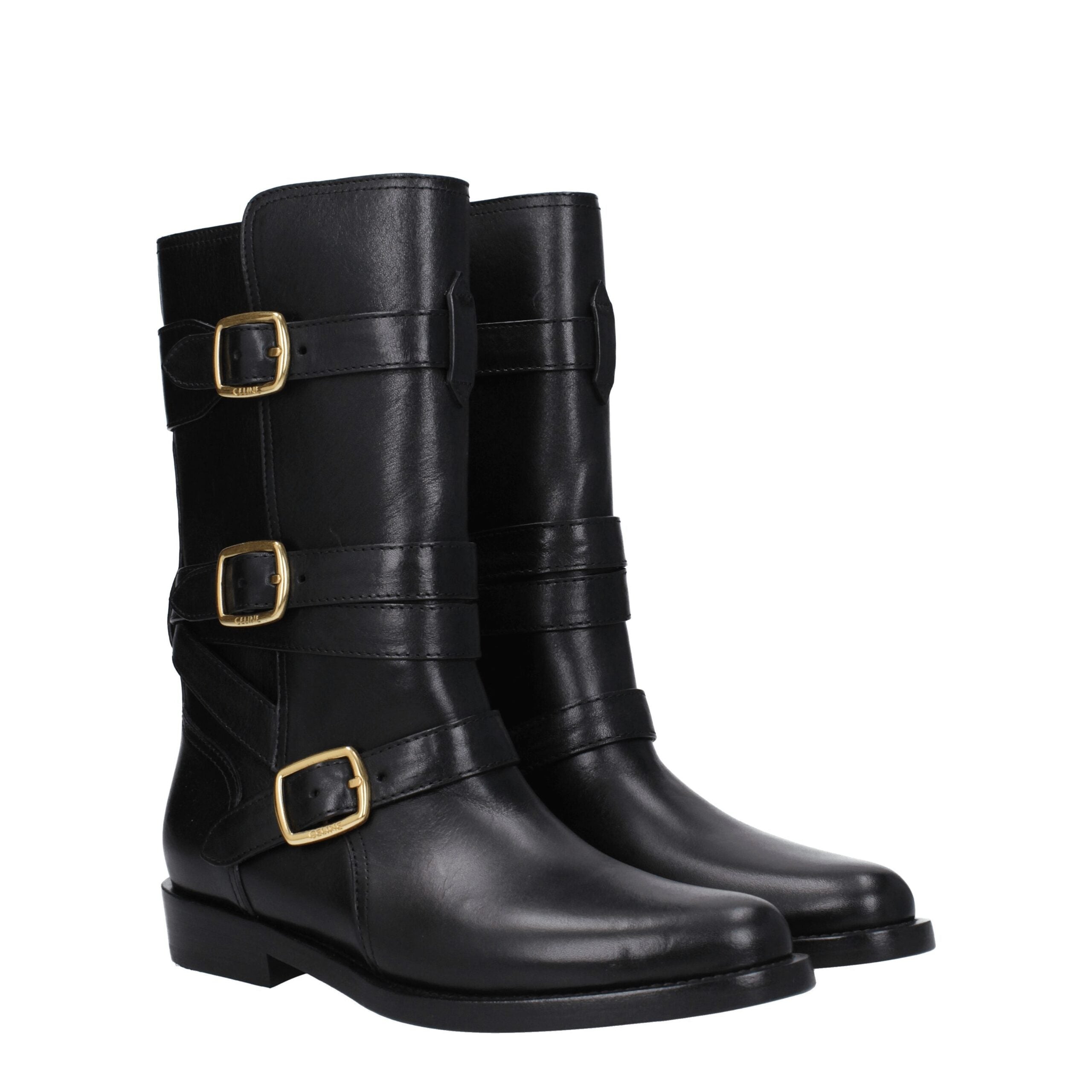 Black Leather Flat Boots