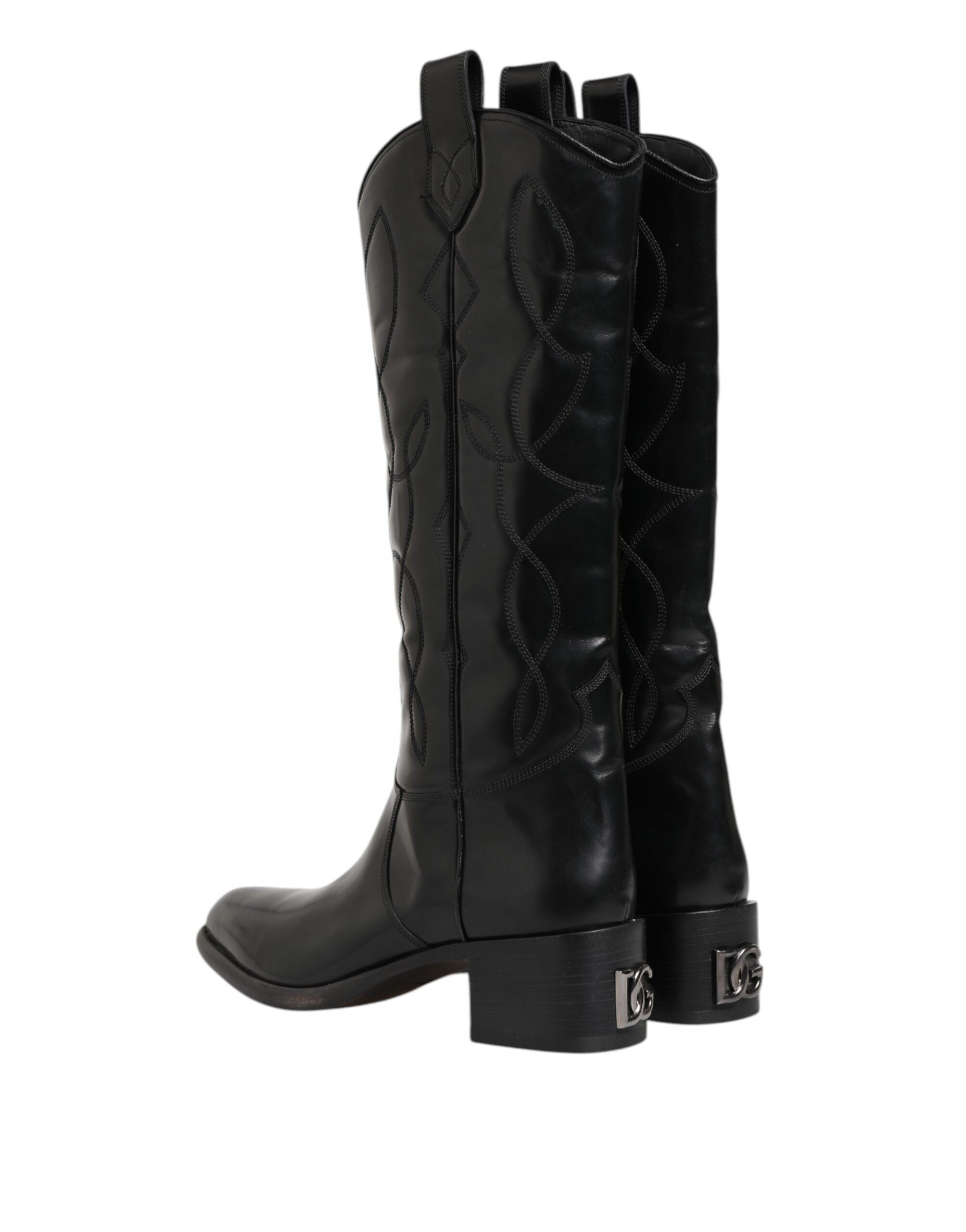 Black Leather Over The Calf Biker Boots Shoes
