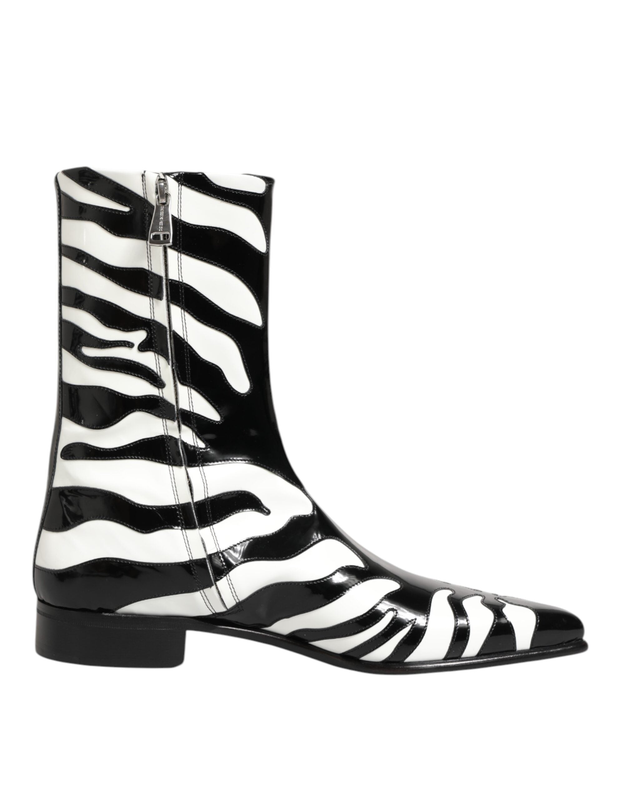 Black White Zebra Leather Mid Calf Boots Shoes