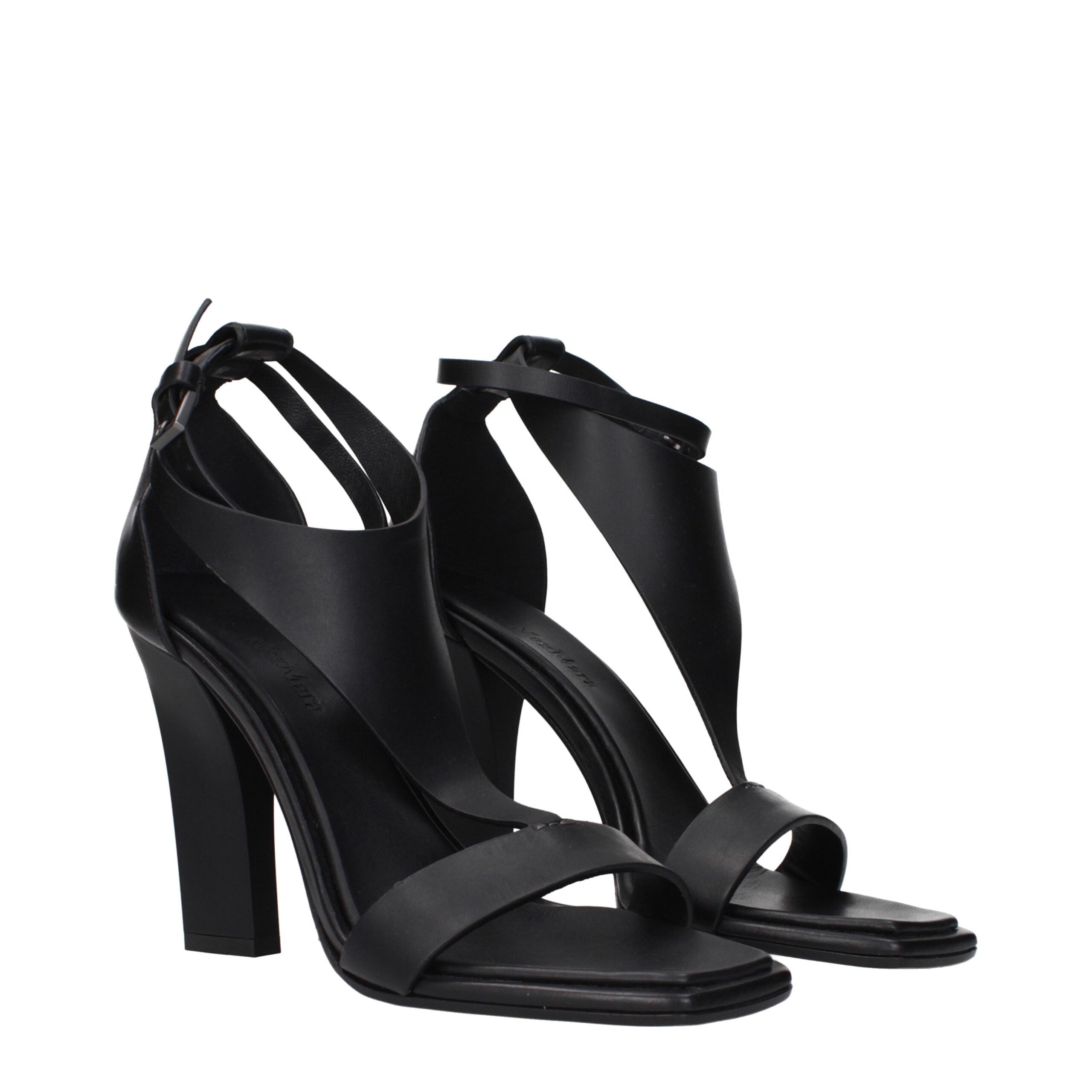 Black Leather Stiletto Heel Sandals