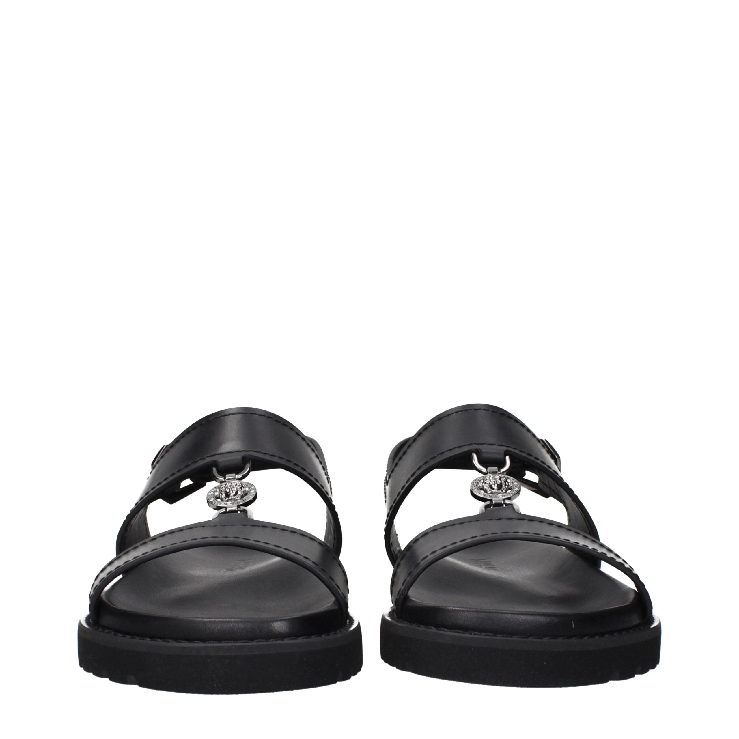 Black Leather Flat Sandals
