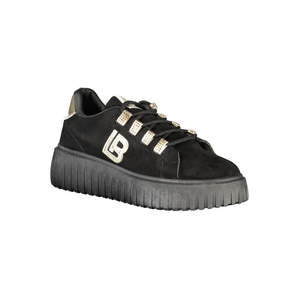 Black Polyester Women Sneaker with Gold Detail and Rhinestone Accents