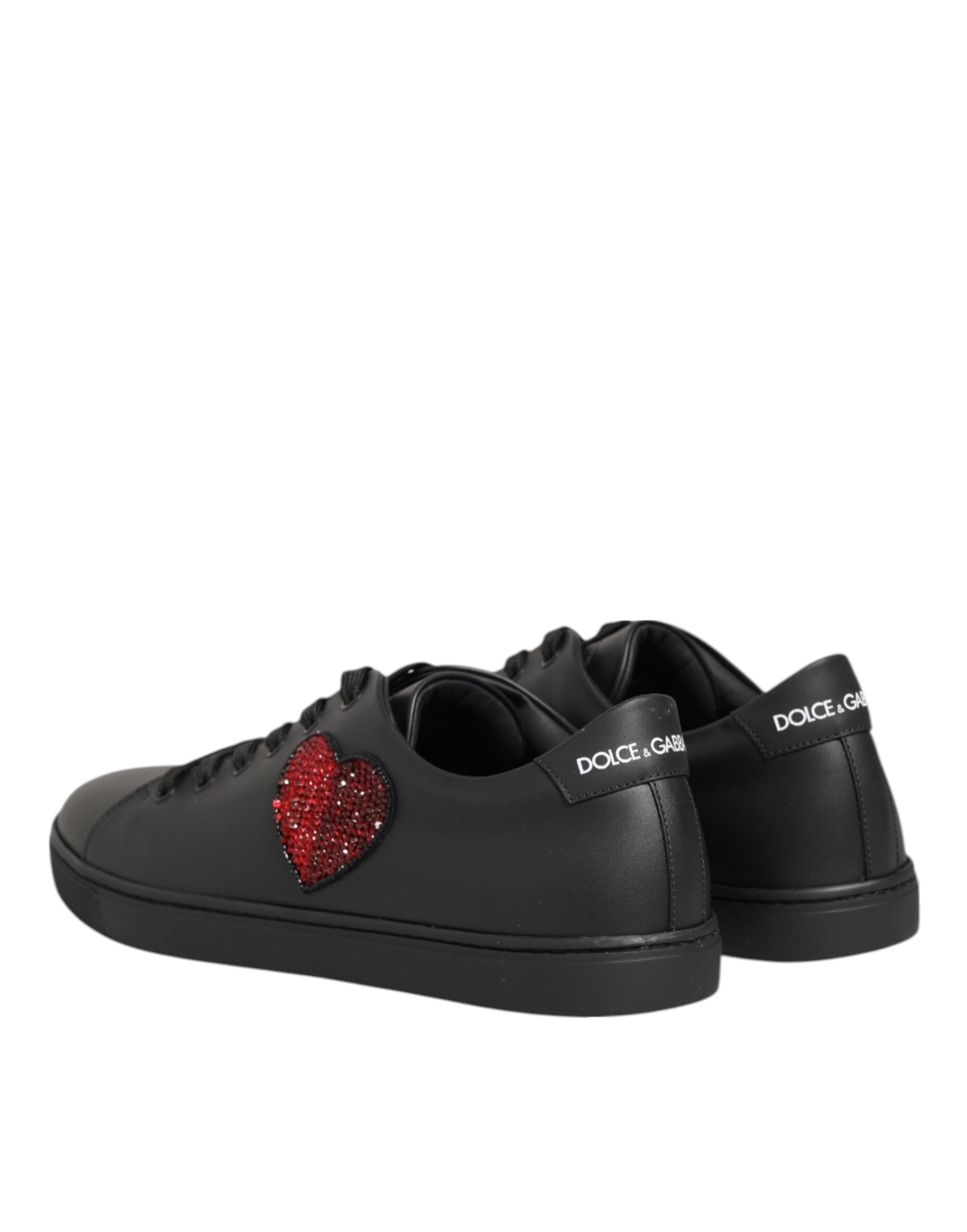 Black Leather Crystal Heart Sneakers Shoes