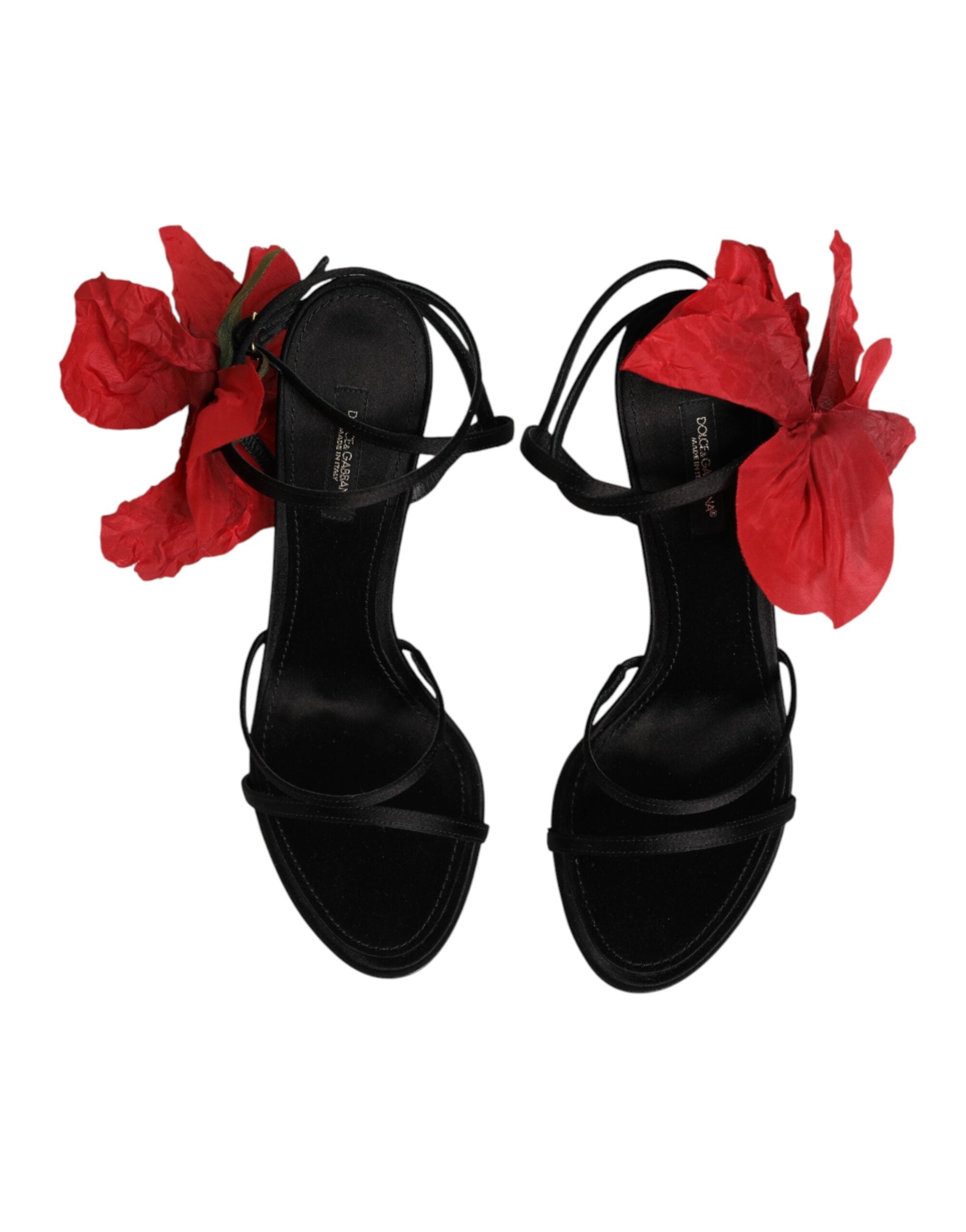 Black Leather Strappy Flower Heels Sandals Shoes