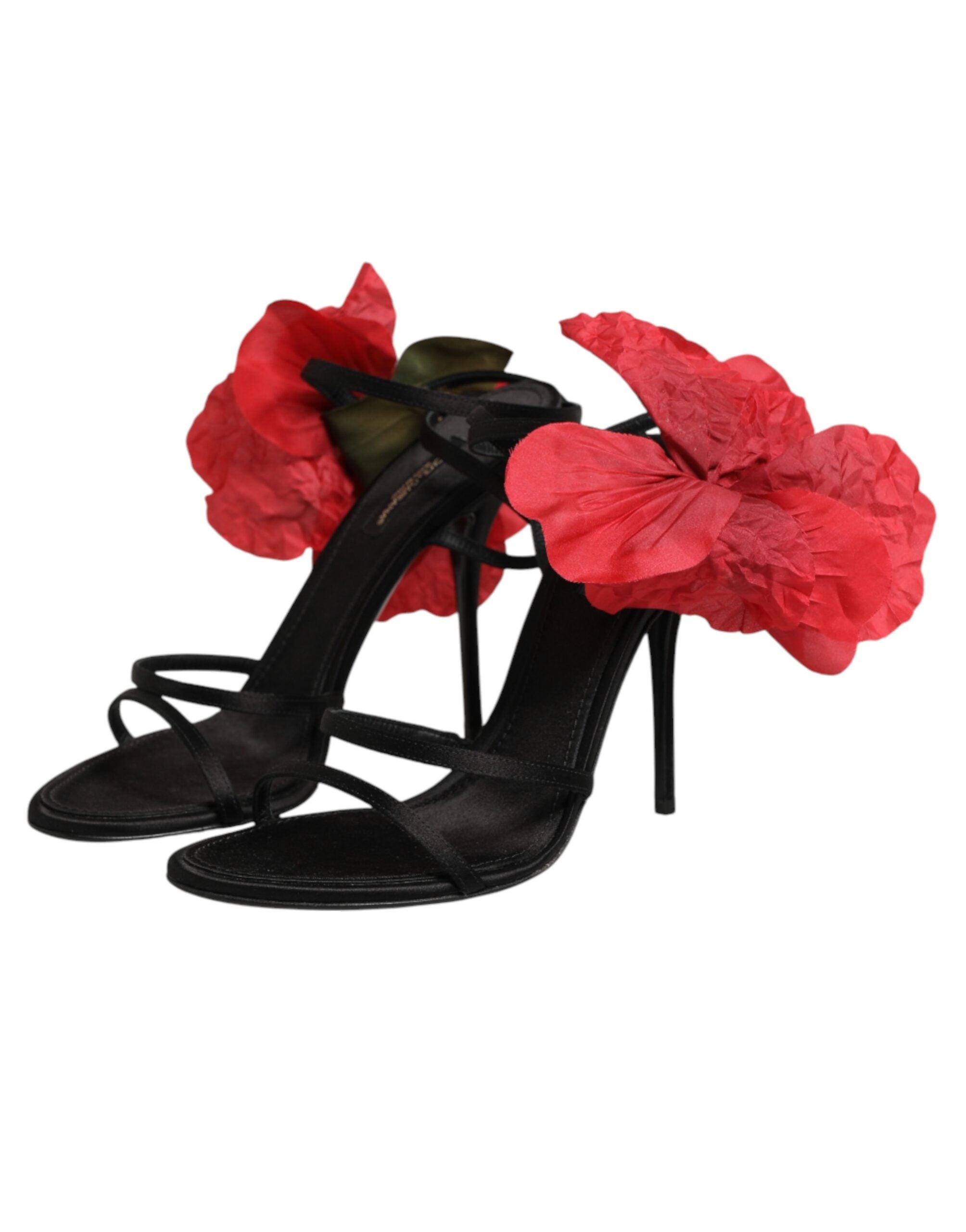 Black Leather Strappy Flower Heels Sandals Shoes