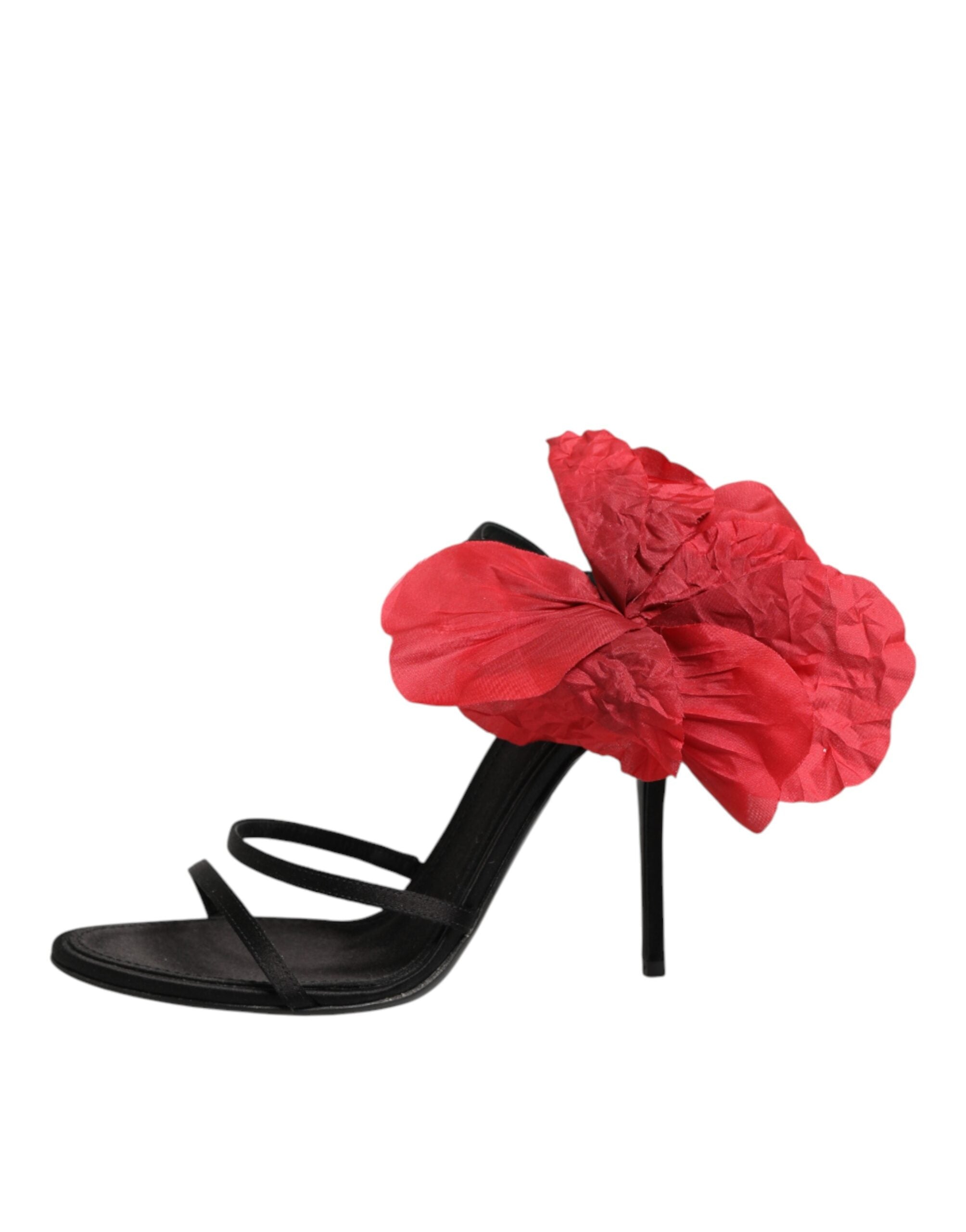 Black Leather Strappy Flower Heels Sandals Shoes