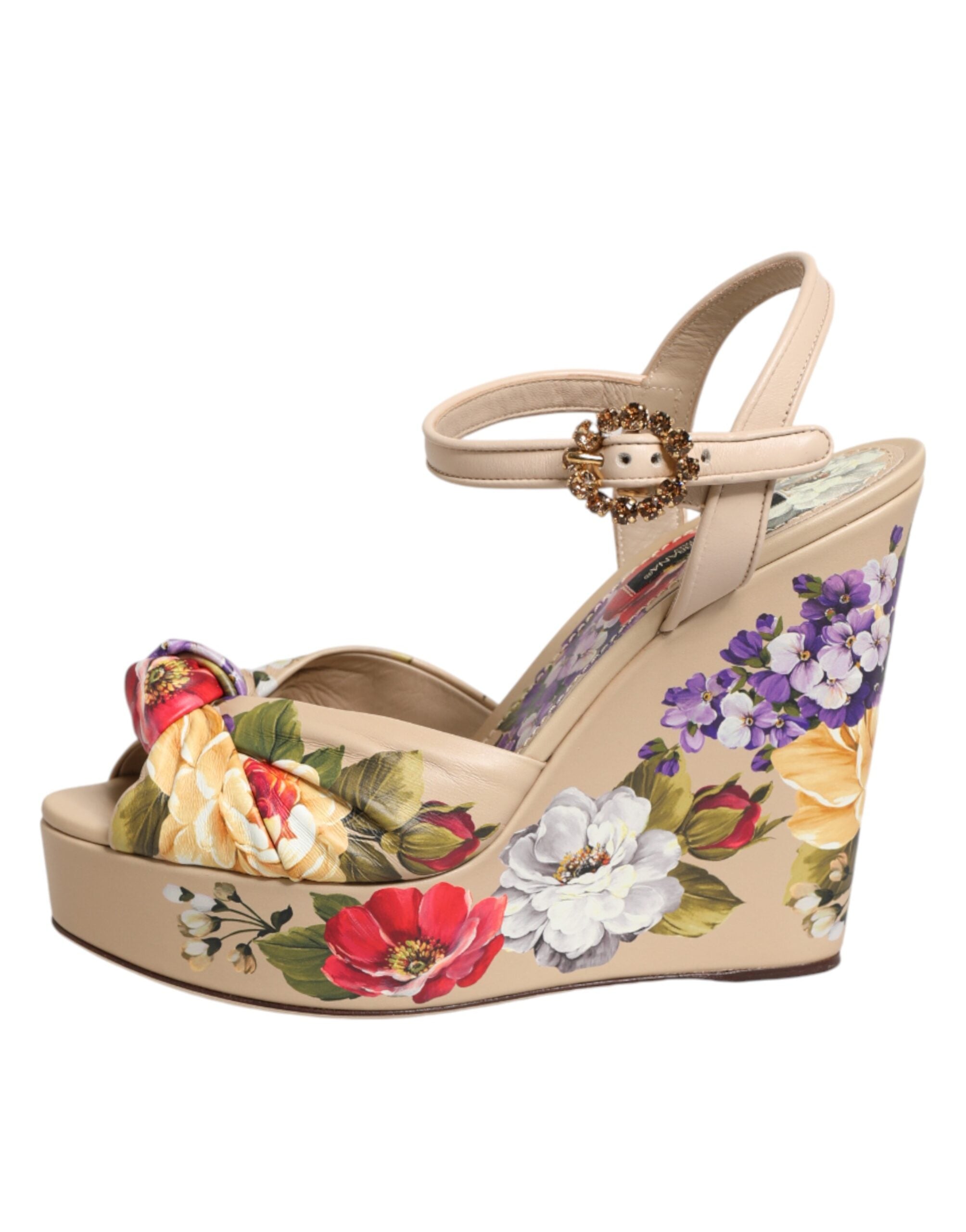 Beige Floral Ankle Strap Wedge Sandals Shoes
