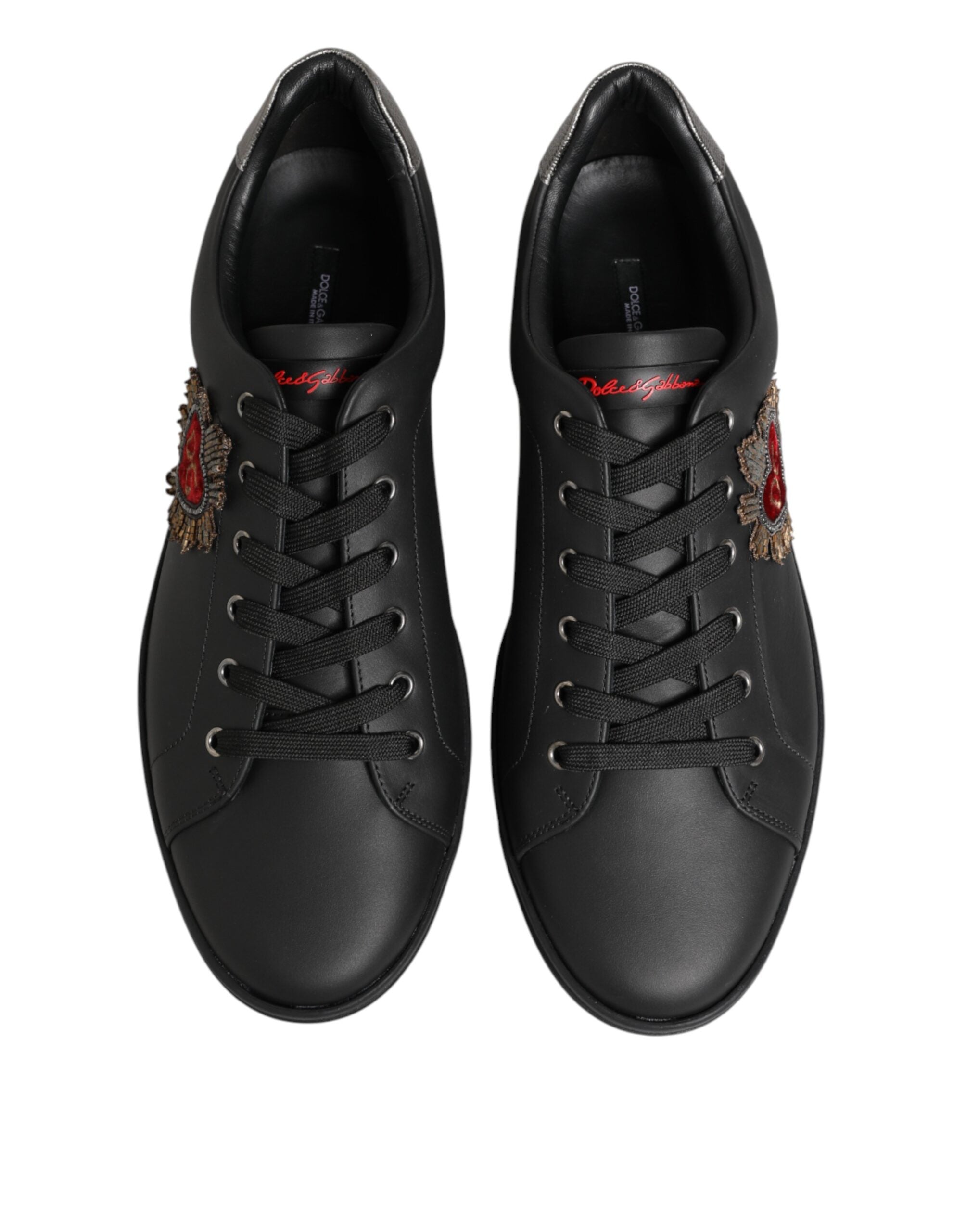 Black Leather Heart Embellished Sneakers Shoes