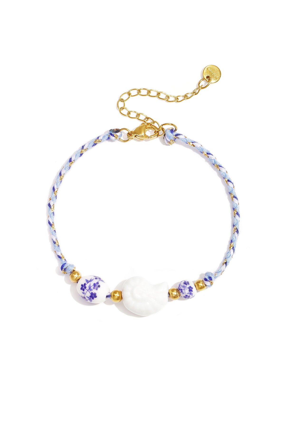 Rope bracelet with shell and floral design beads
