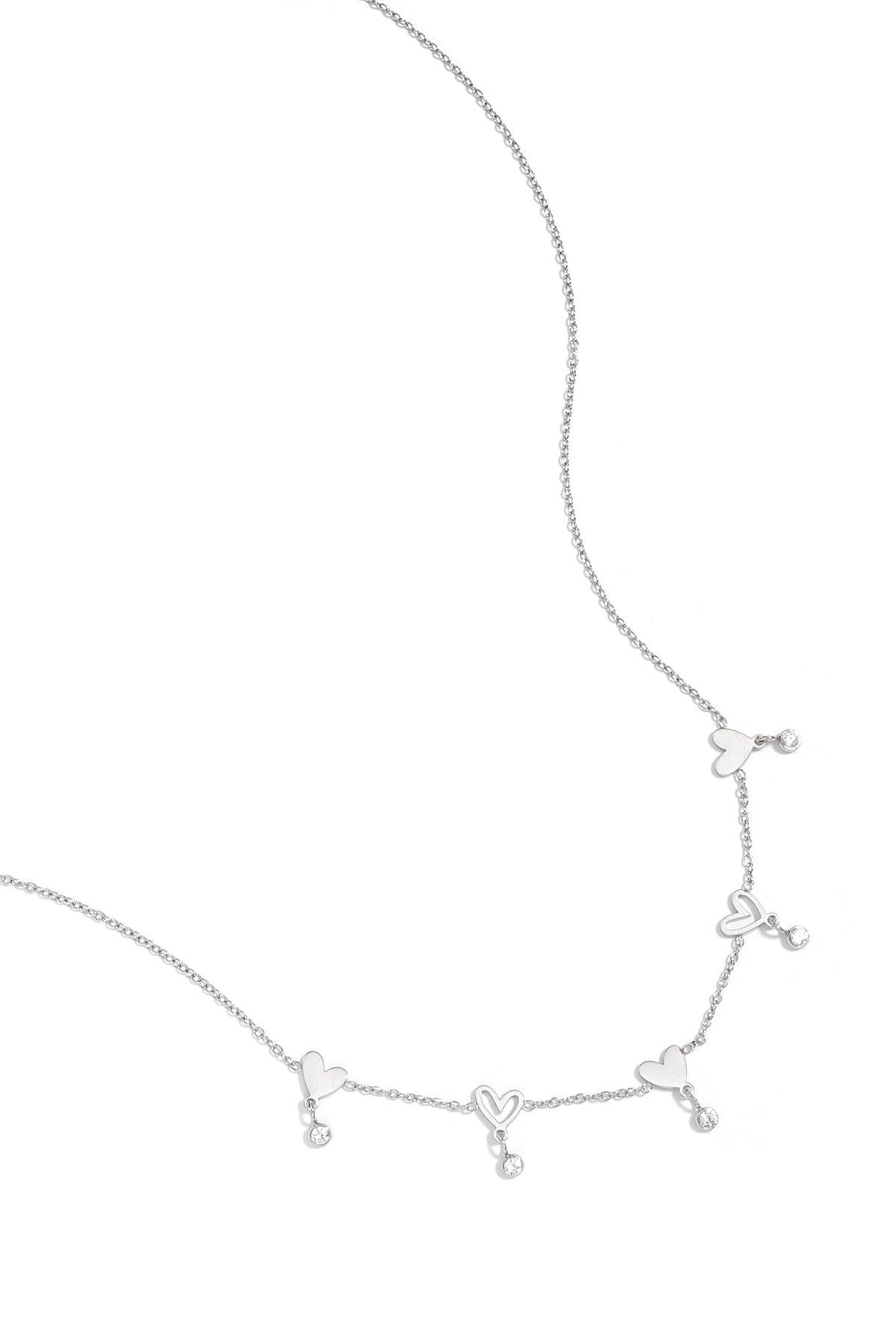 Necklace with alternating hearts and dangling stones