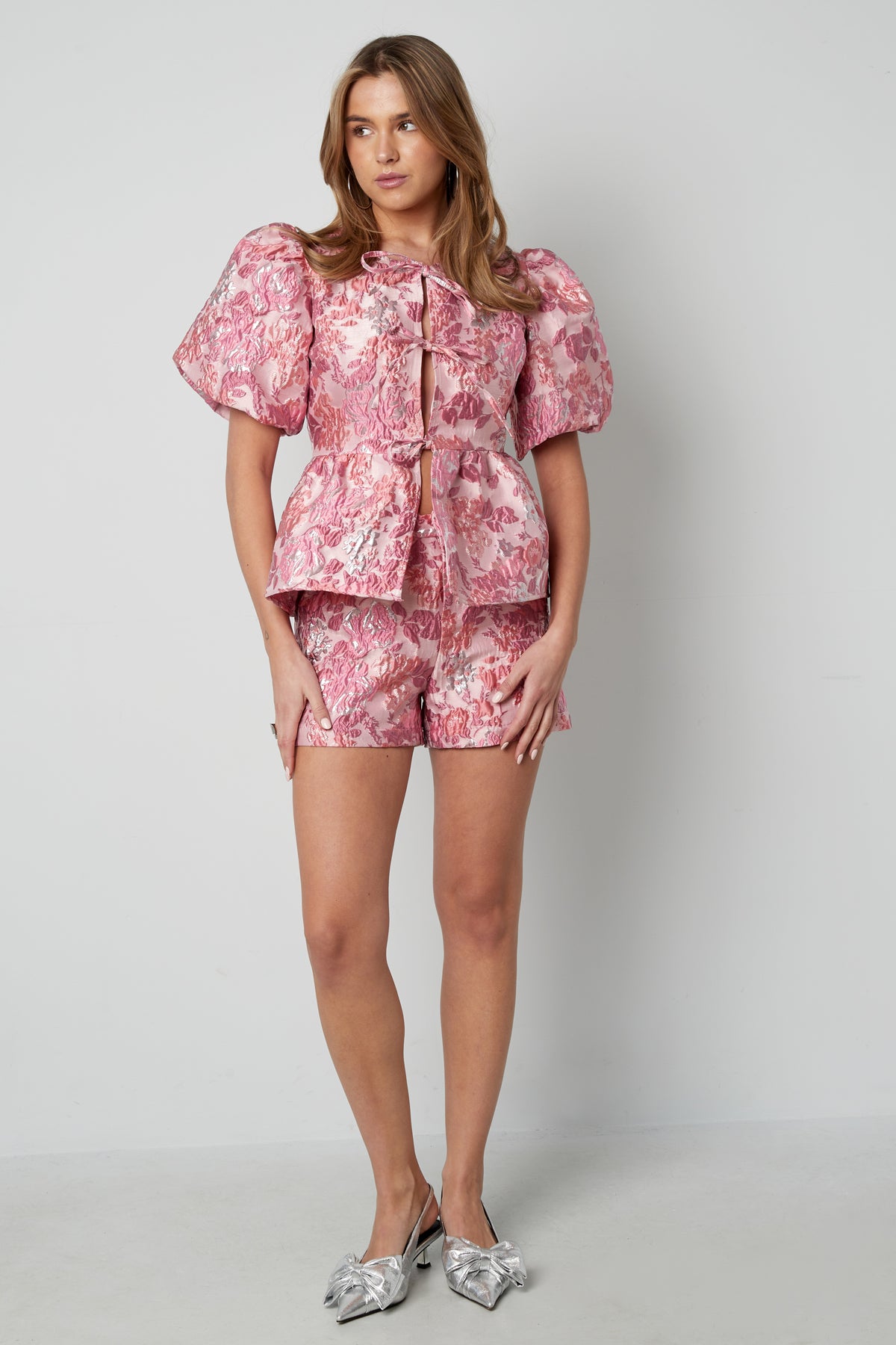 Woven Polyester Fiber Women's Short Sleeve Top Elegant Floral Print