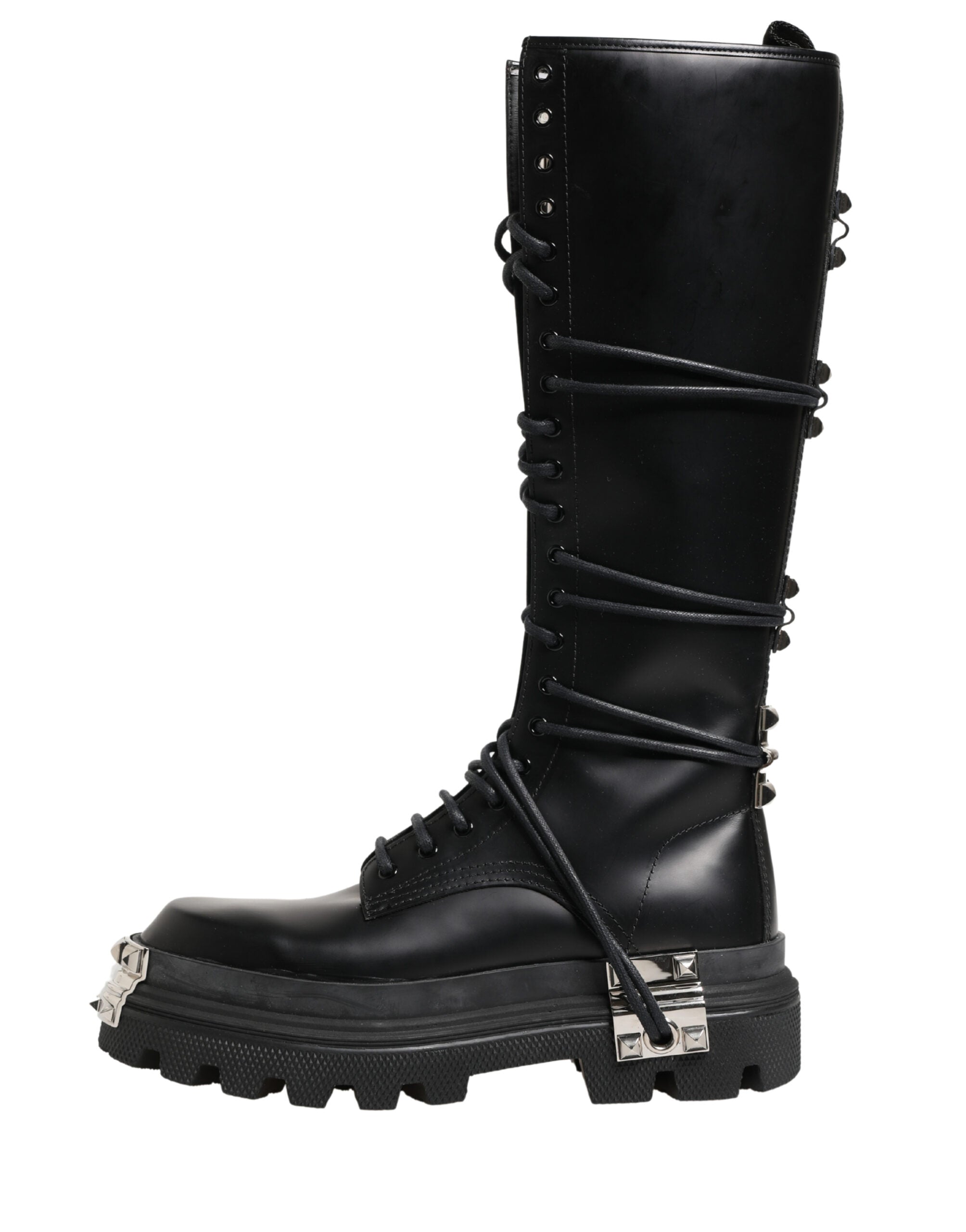 Black Leather Knee High Combat Boots Shoes