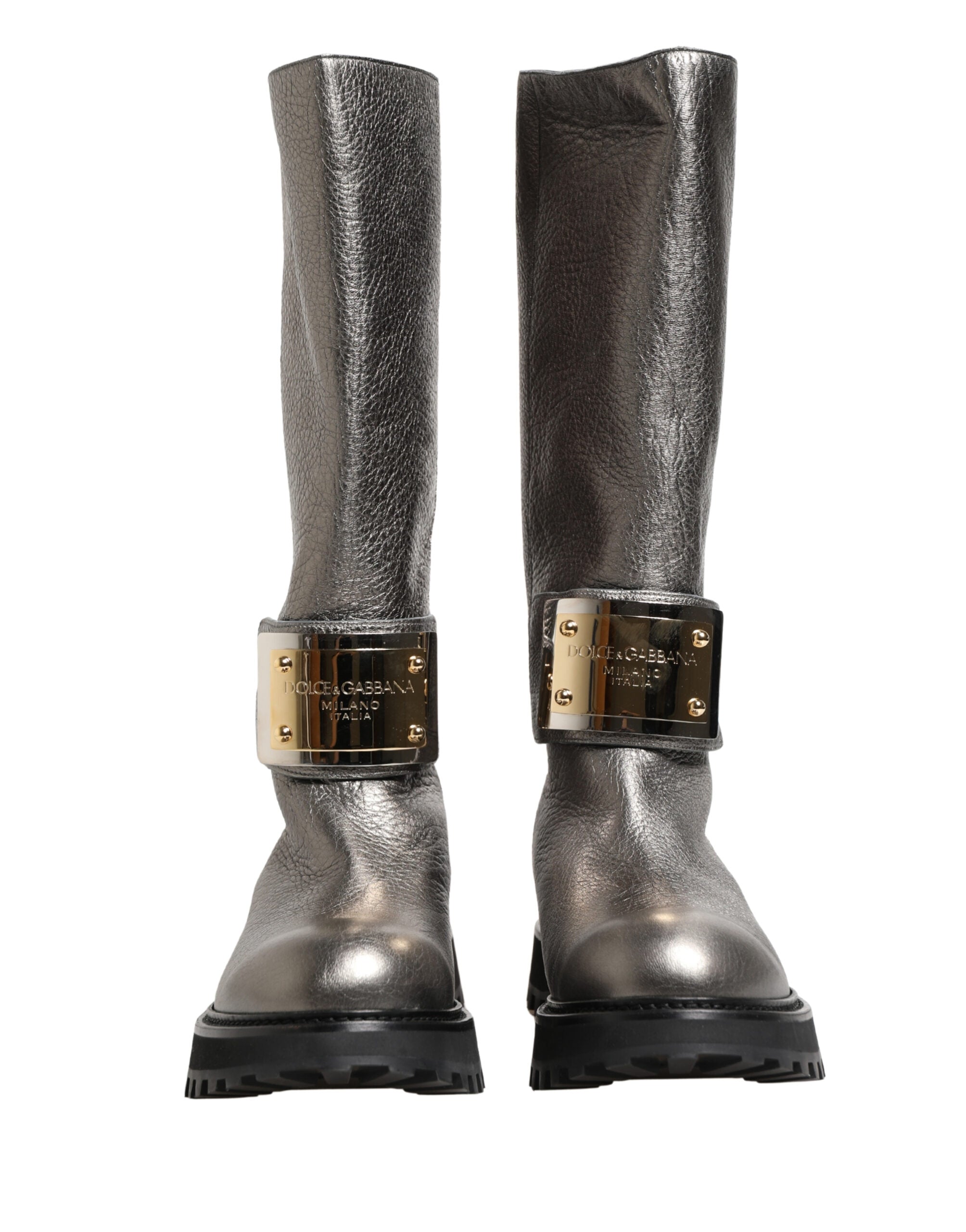 Metallic Silver Leather Mid Calf Boots Shoes