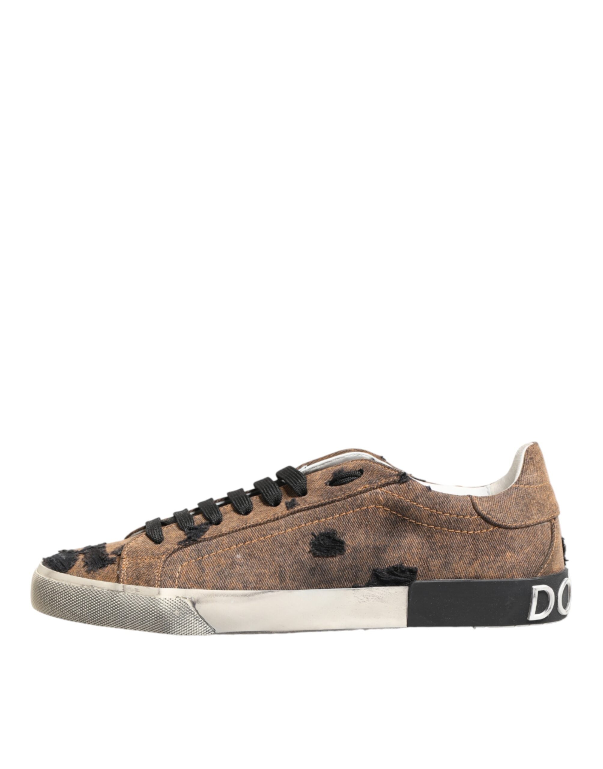 Brown Black Patch Denim Low Top Sneakers Shoes