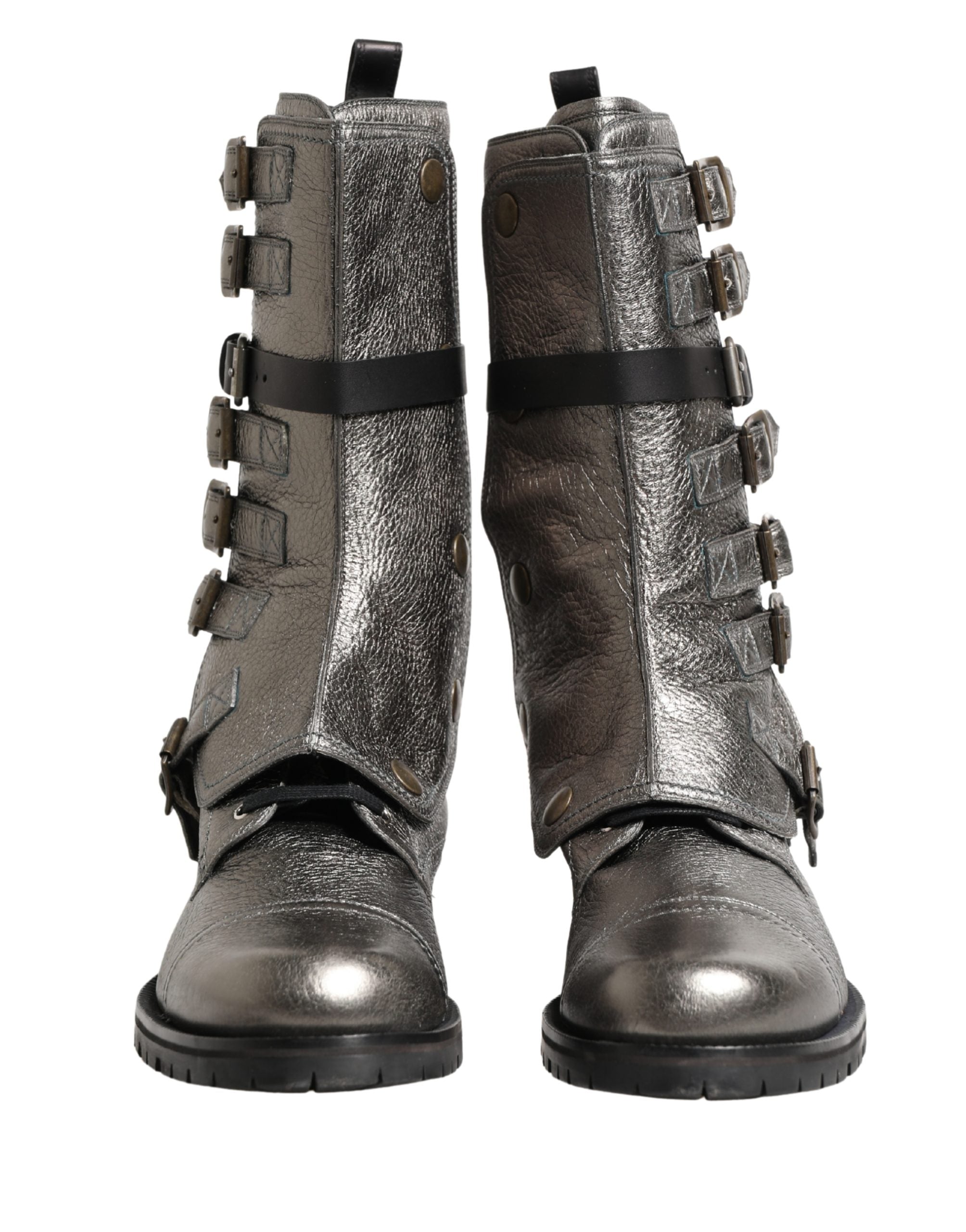 Metallic Silver Combat Biker Mid Calf Boots Shoes