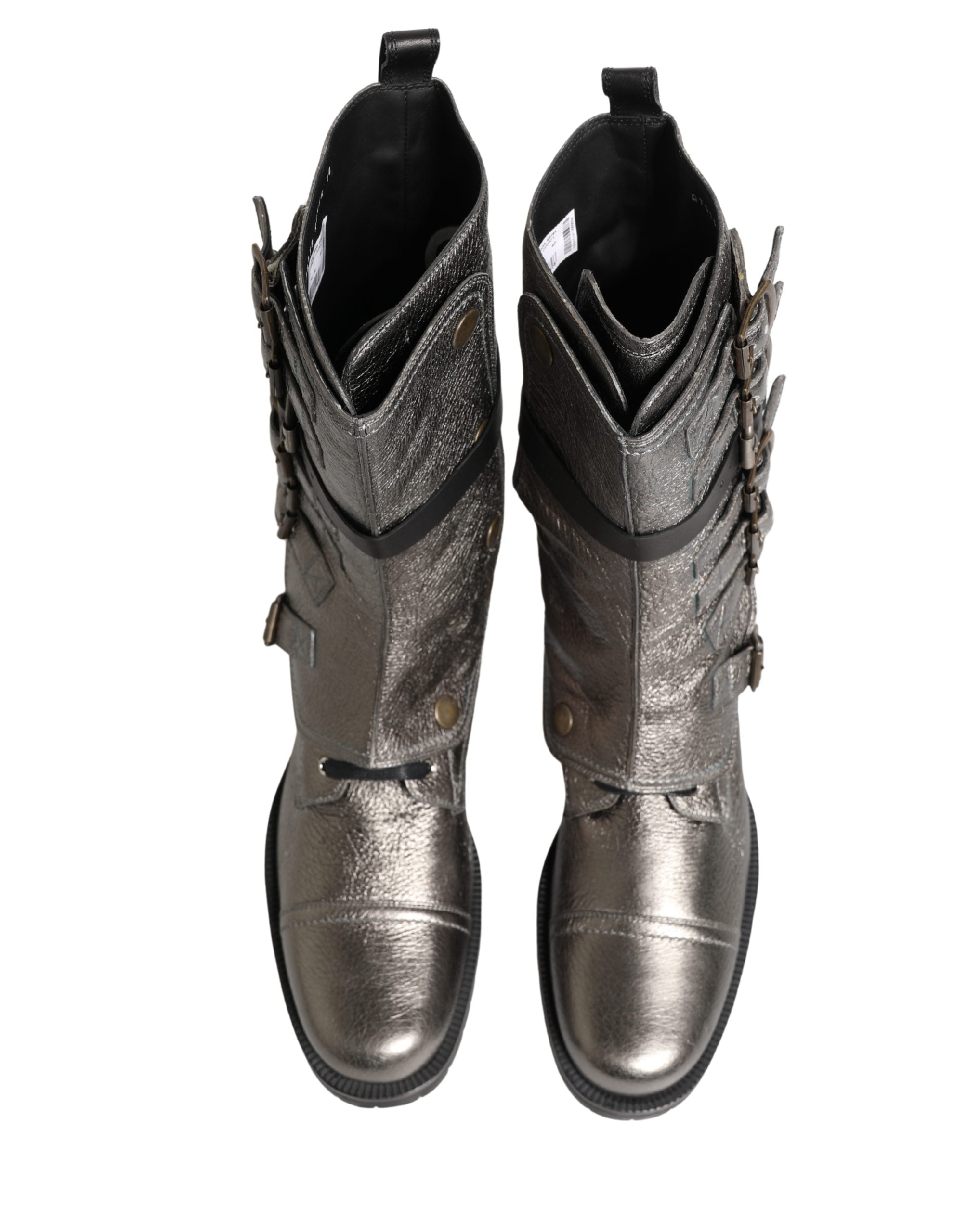 Metallic Silver Combat Biker Mid Calf Boots Shoes