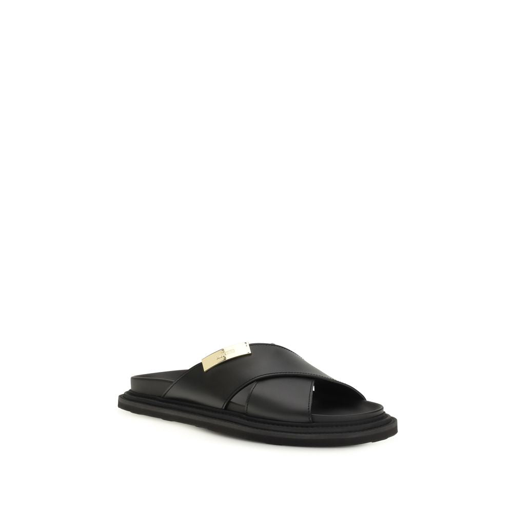 Black Calf Leather Bos Taurus Flat Sandals