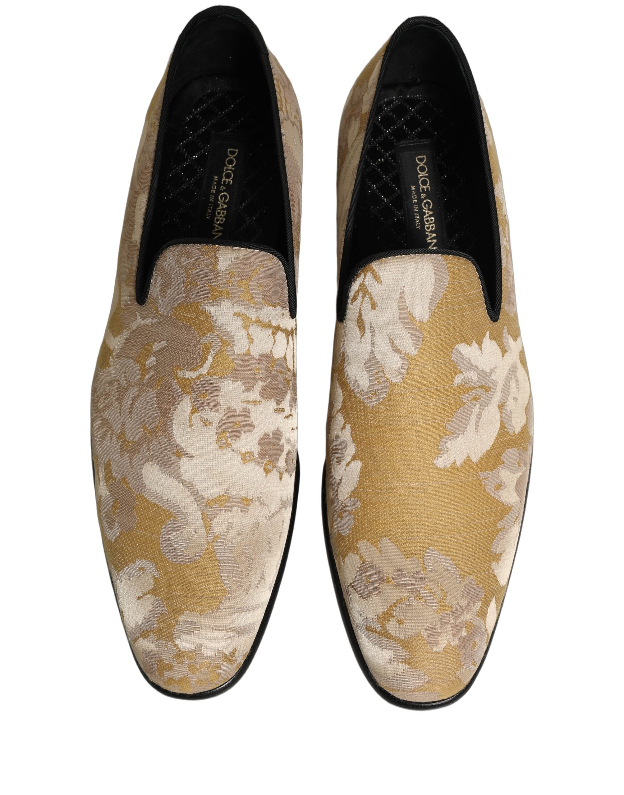 Gold Floral Print Jacquard Men Loafers Shoes