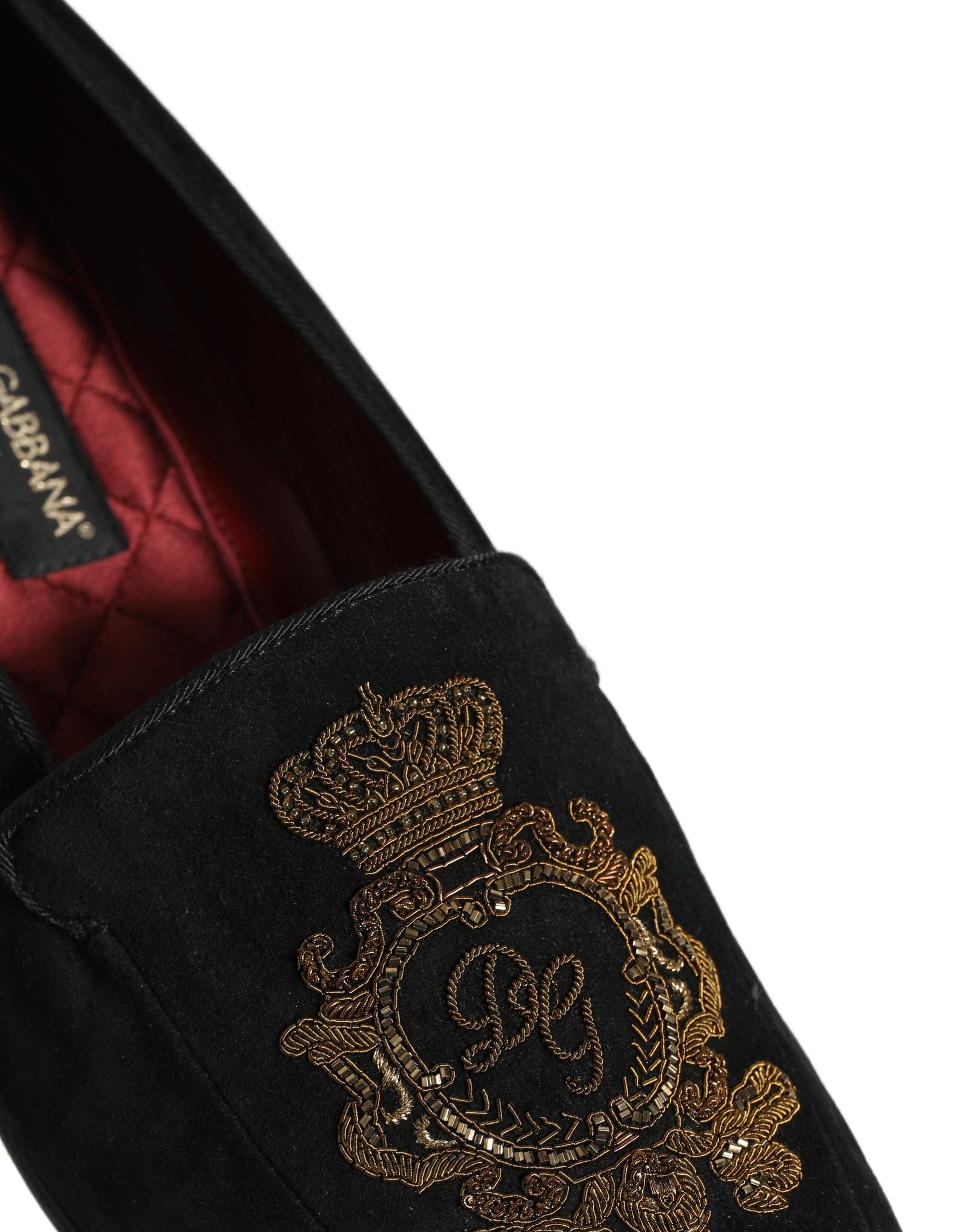 Black Velvet Crown Embroidery Loafers Shoes