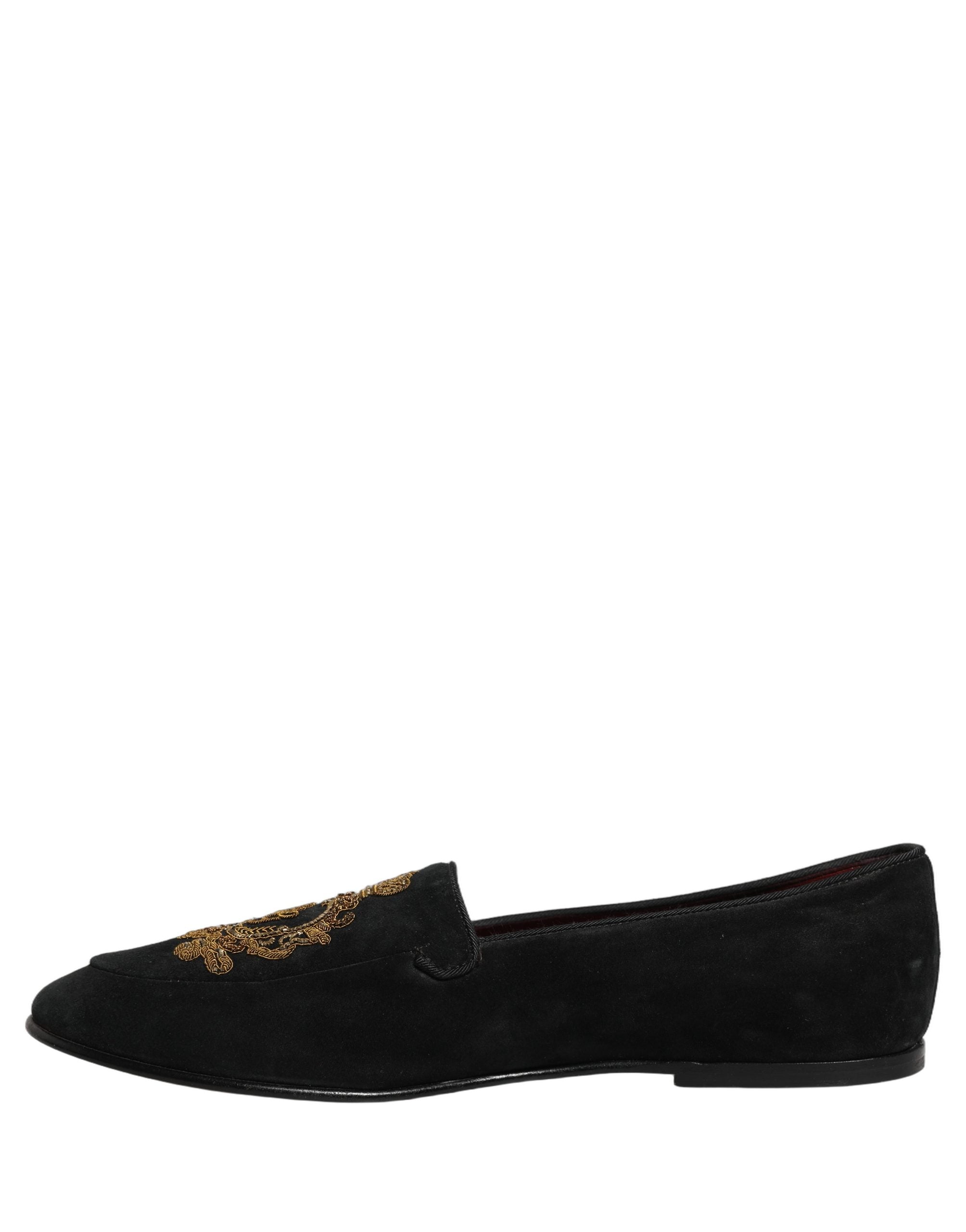 Black Velvet Crown Embroidery Loafers Shoes