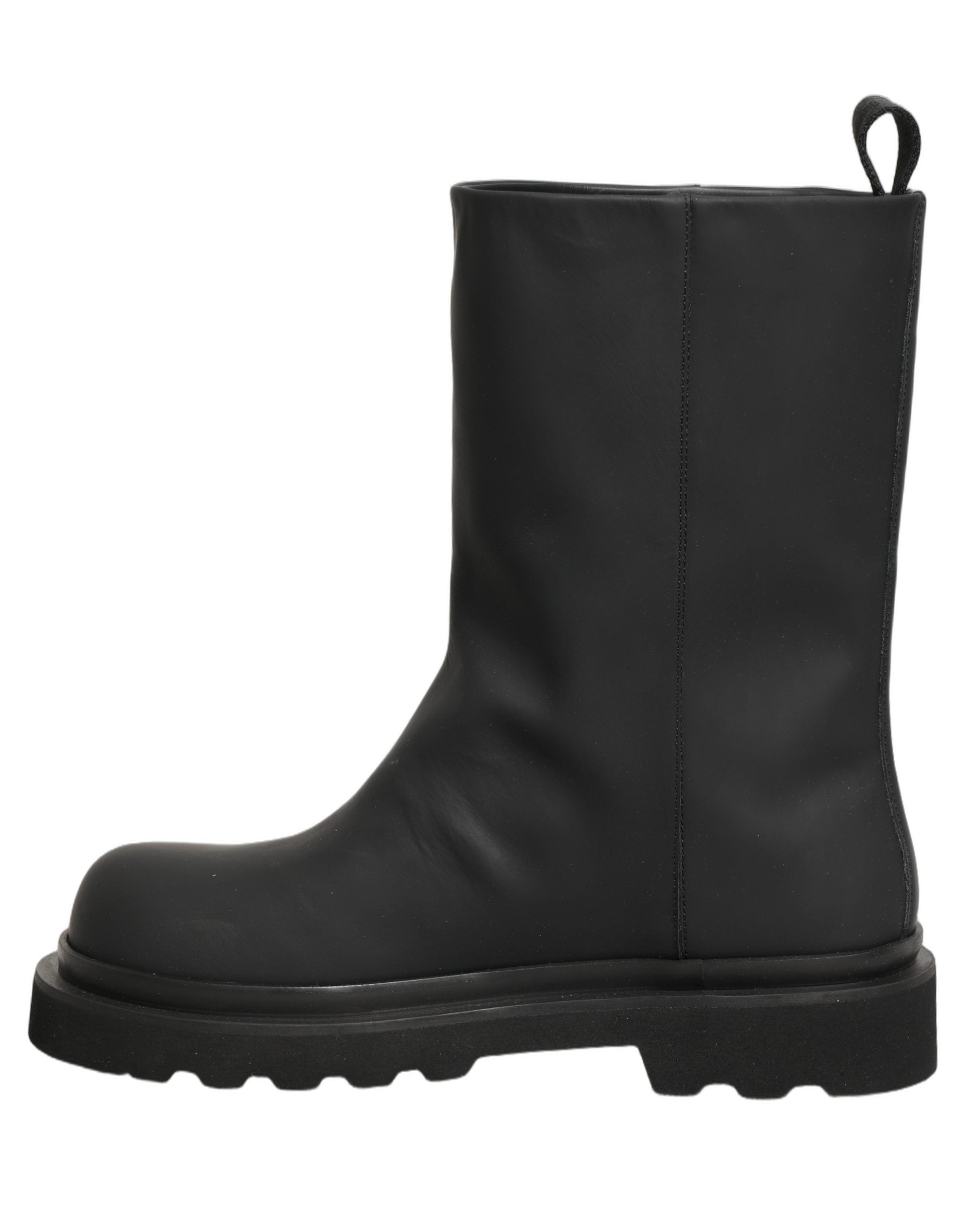 Black Leather Mid Calf Chunky Men Boots Shoes