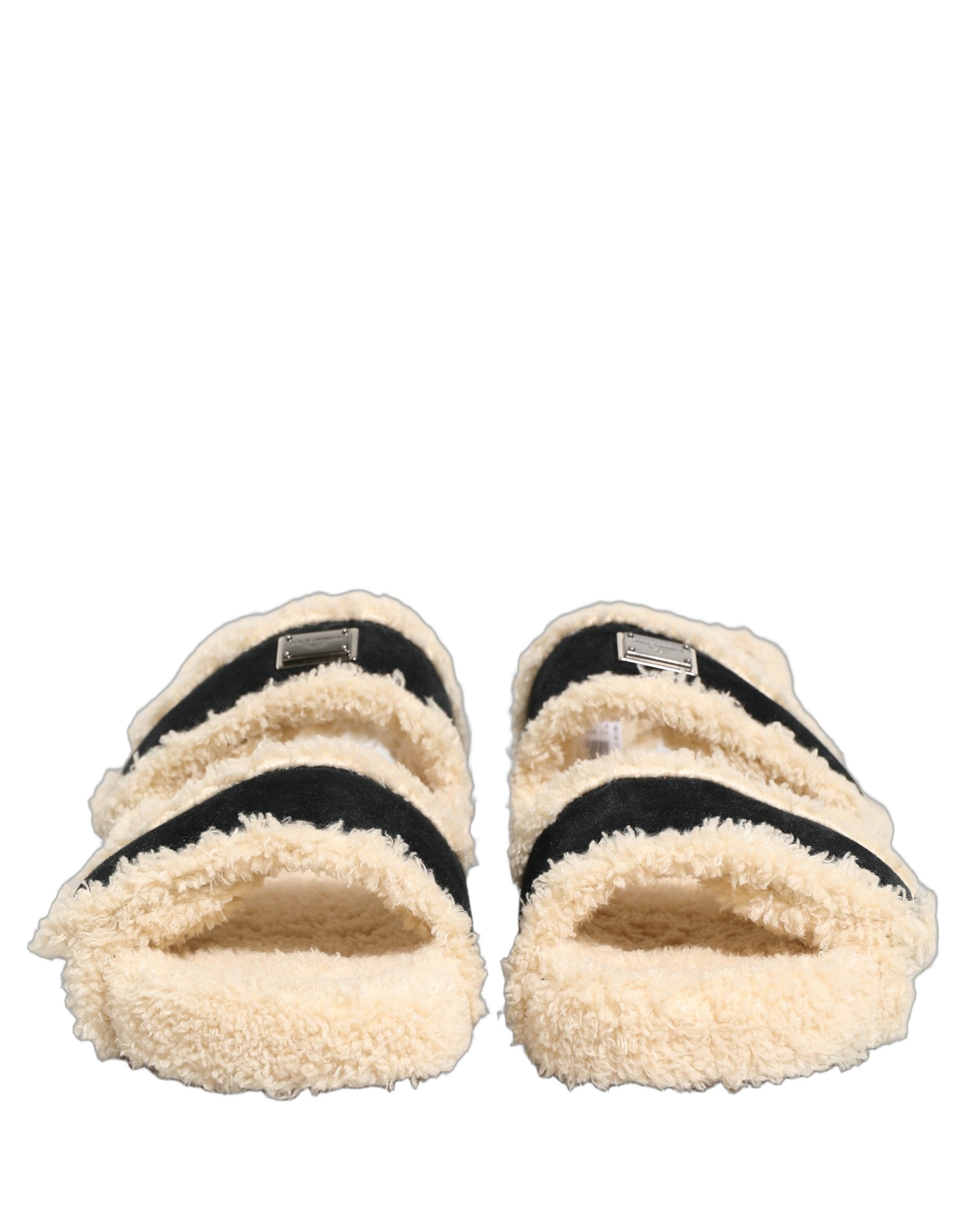 Beige Black Faux Fur Flats Men Sandals Shoes