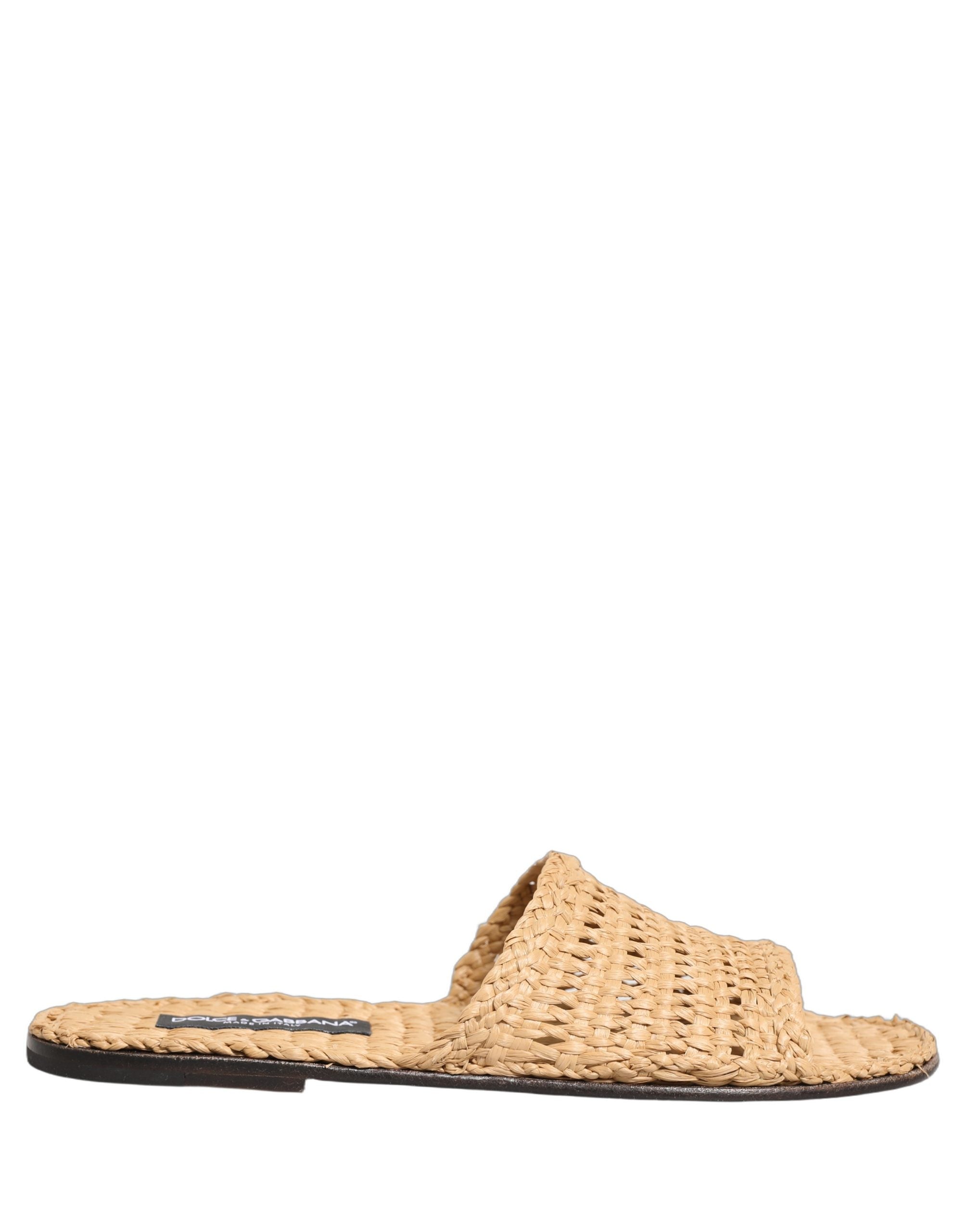 Beige Straw Raffia Slides Sandals Flats Shoes