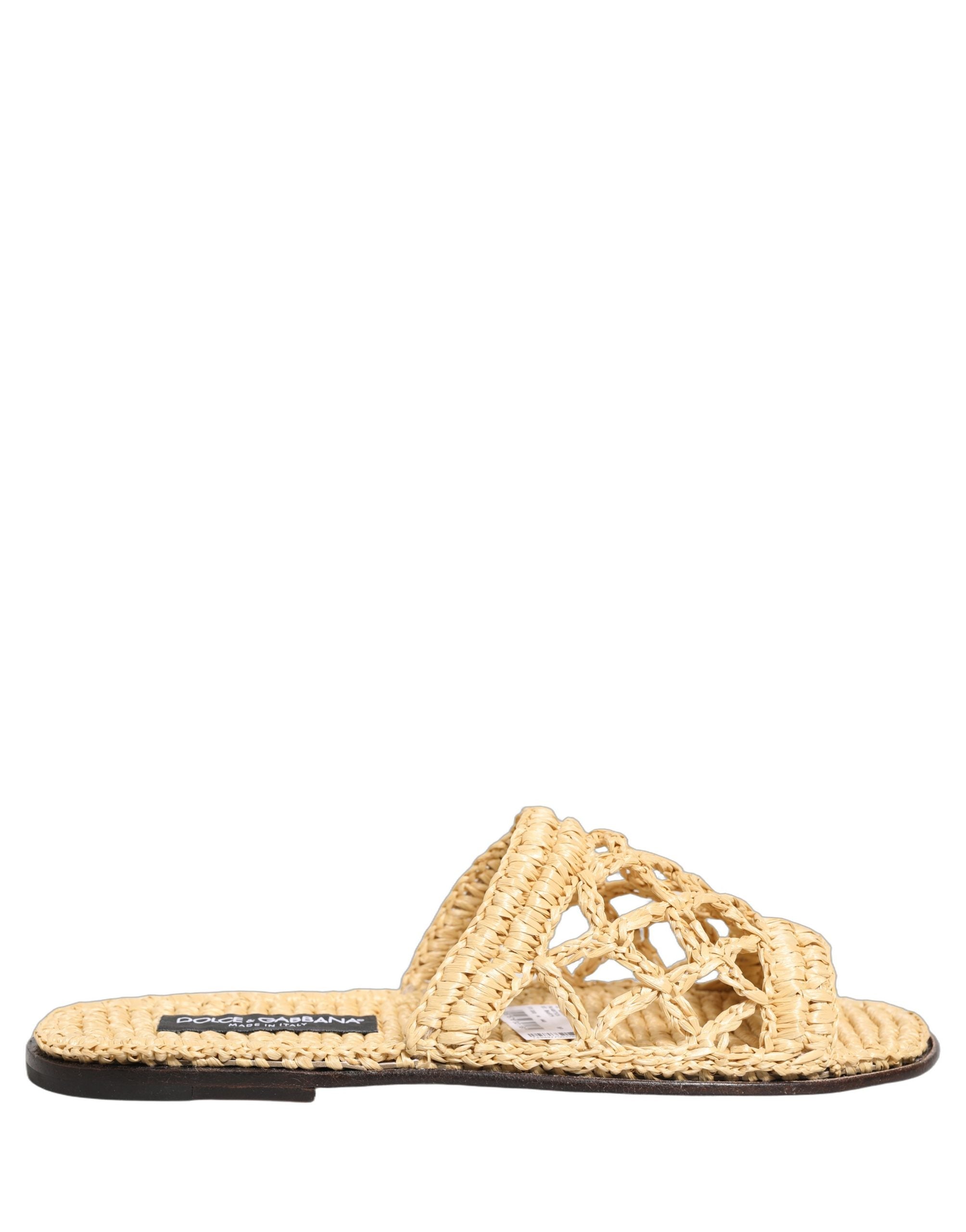 Beige Straw Raffia Slides Sandals Flats Shoes