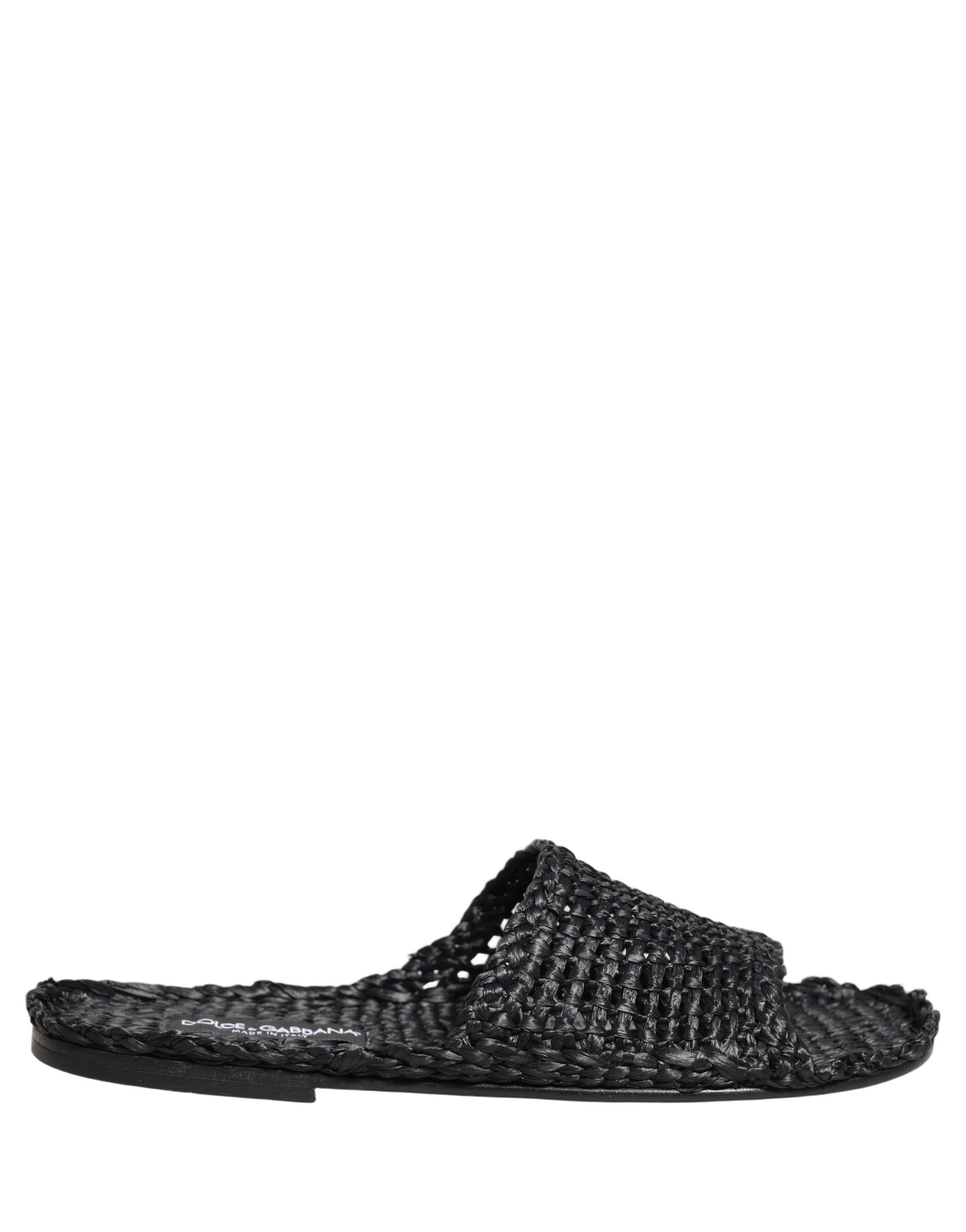 Black Straw Raffia Slides Sandals Flats Shoes