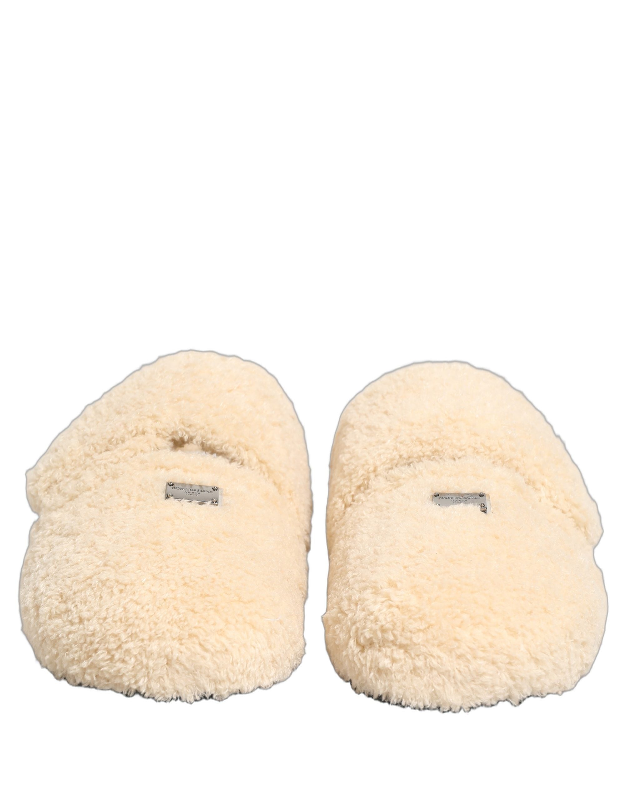 Beige Faux Fur Flats Men Slides Sandals Shoes