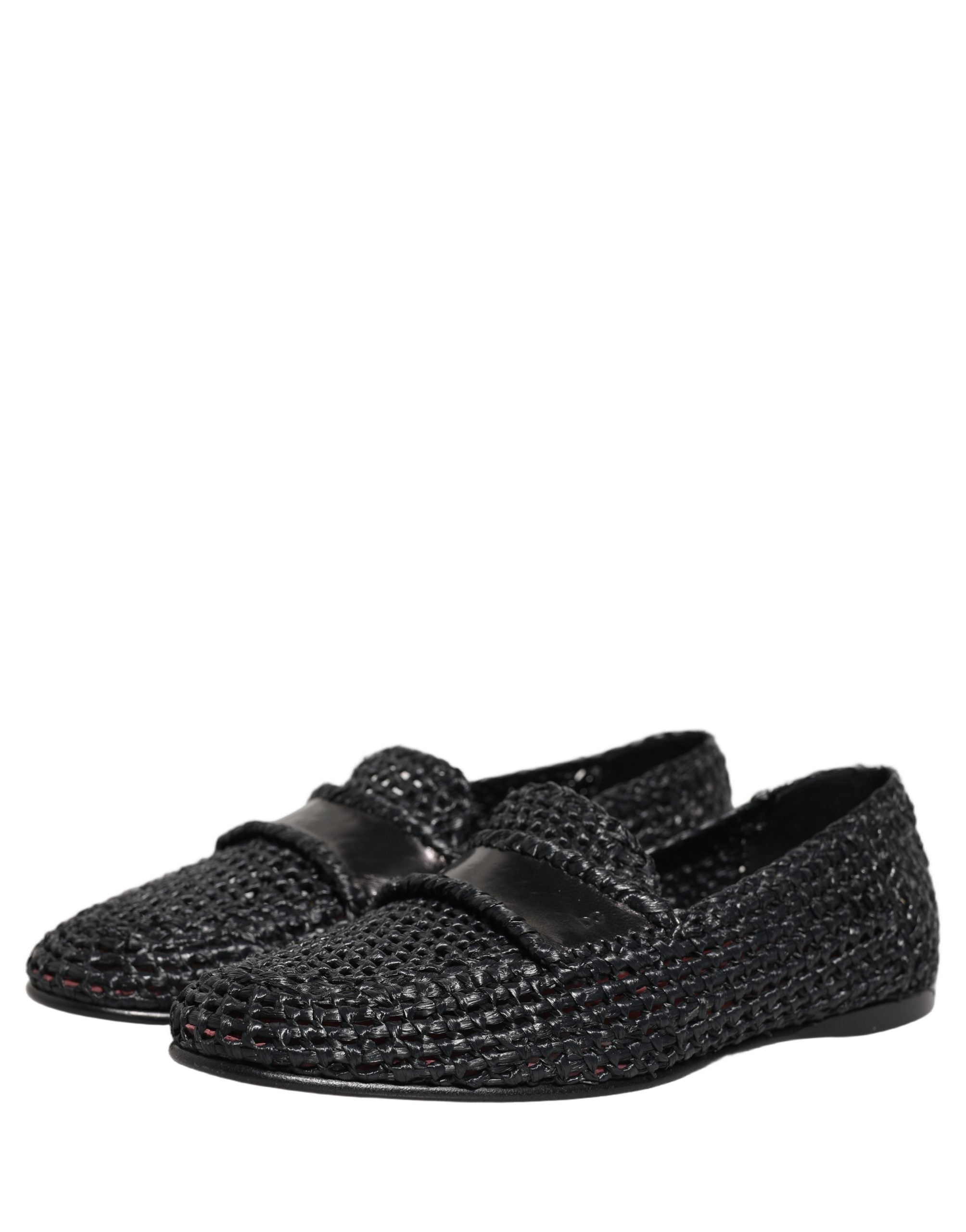 Black Woven Raffia Slip On Loafers Shoes