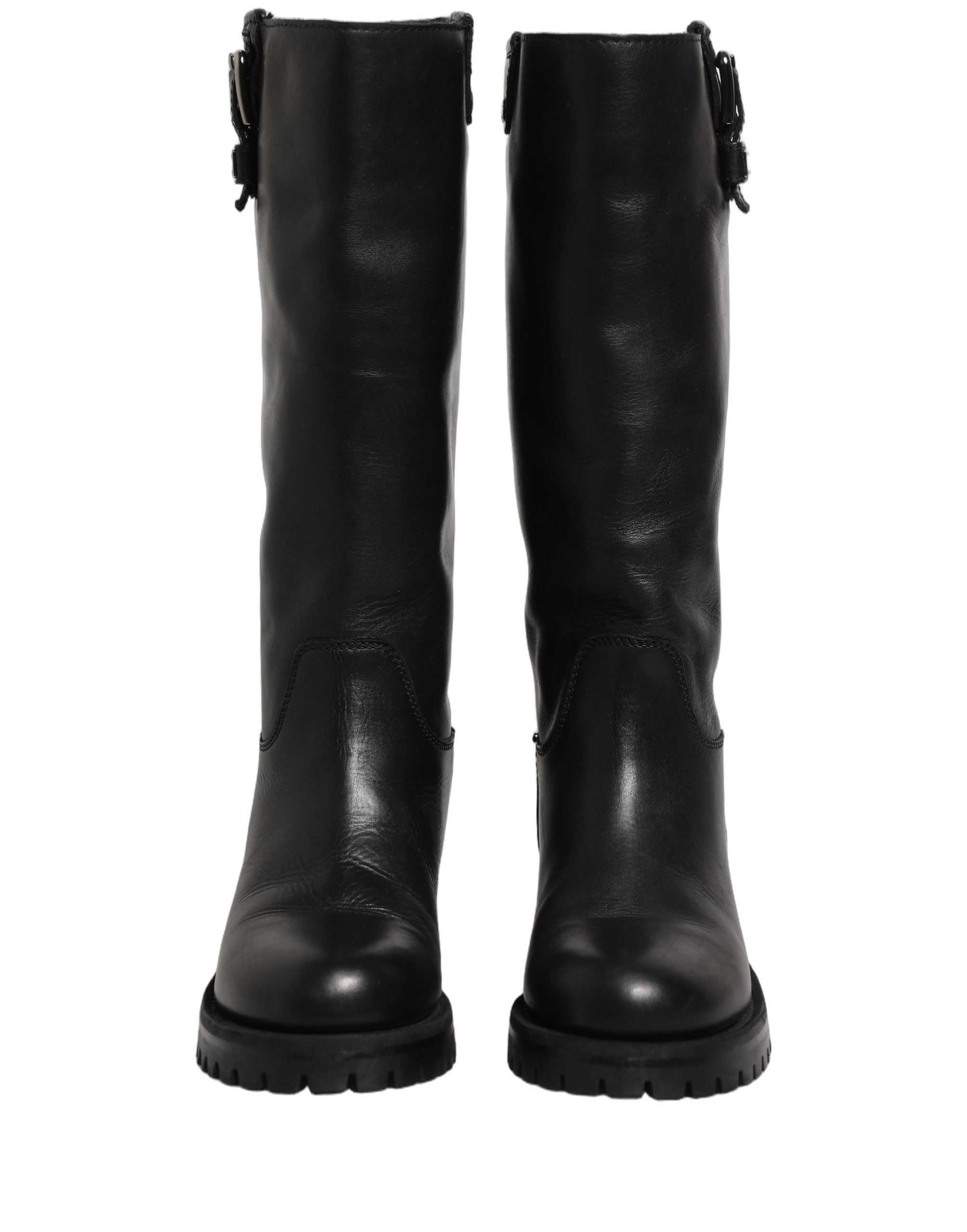 Black Leather Buckle Detail Mid Calf Boots Shoes