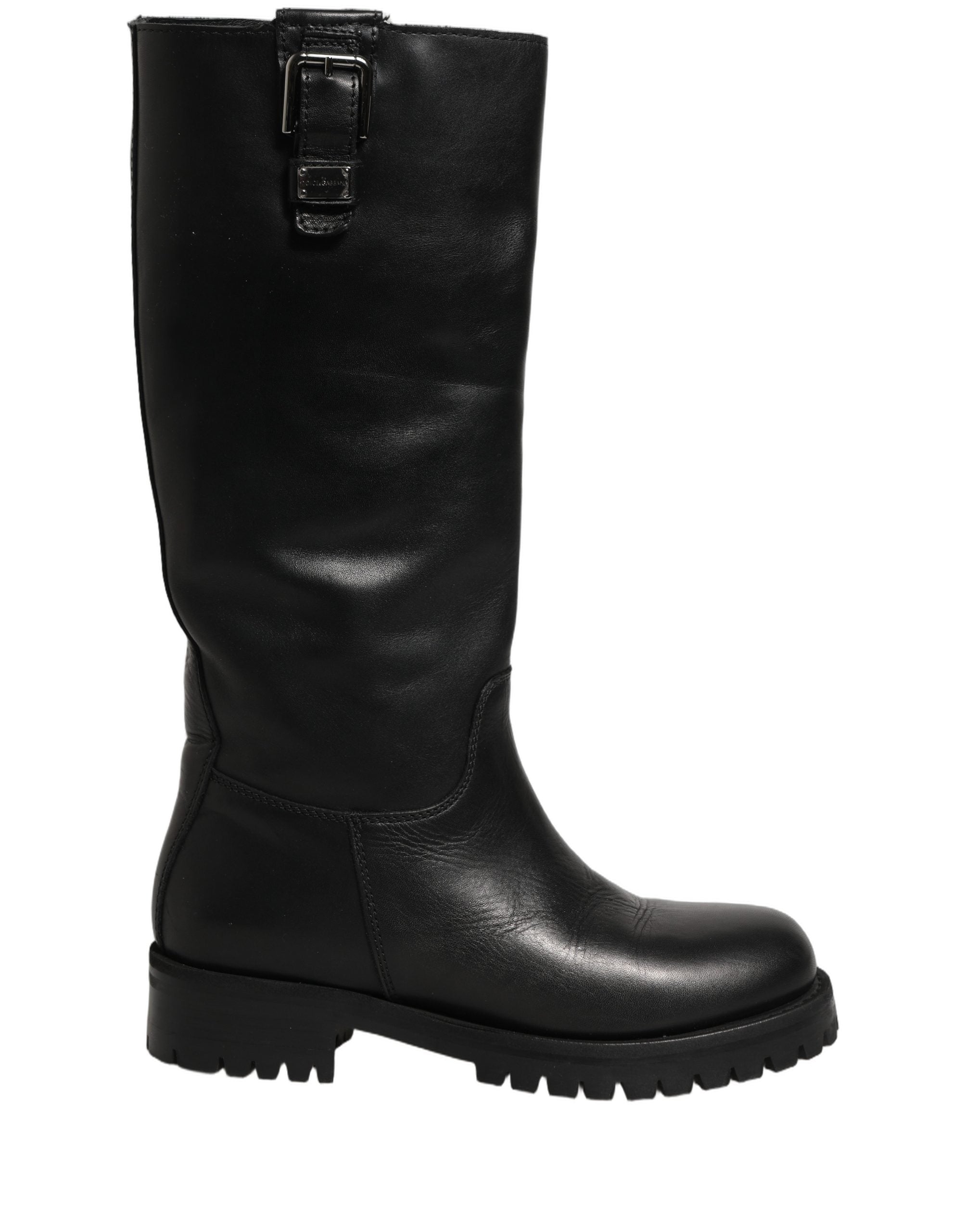 Black Leather Buckle Detail Mid Calf Boots Shoes